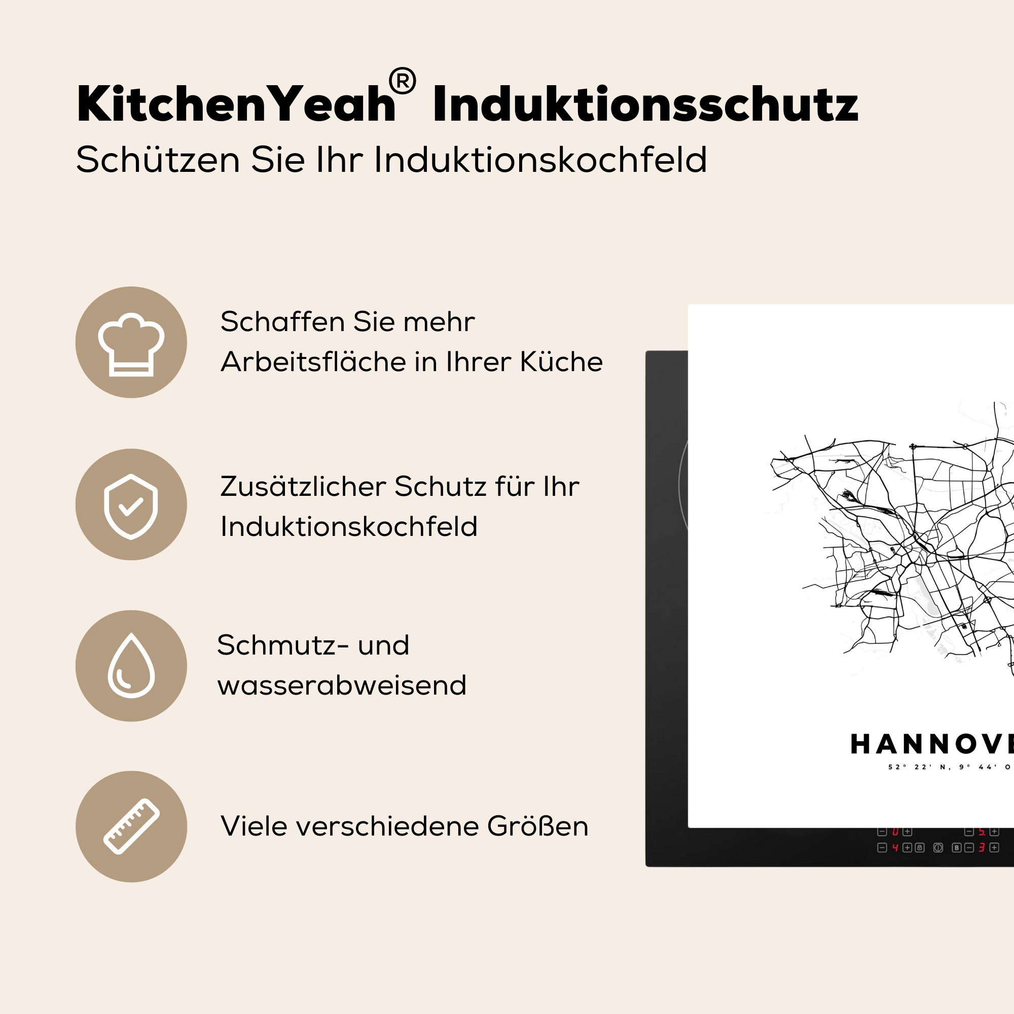 Ceranfeldabdeckung, - Karte für MuchoWow 78x78 cm, Herdblende-/Abdeckplatte (1 - - Arbeitsplatte küche Schwarz-Weiß tlg), Hannover Stadtplan, Vinyl,