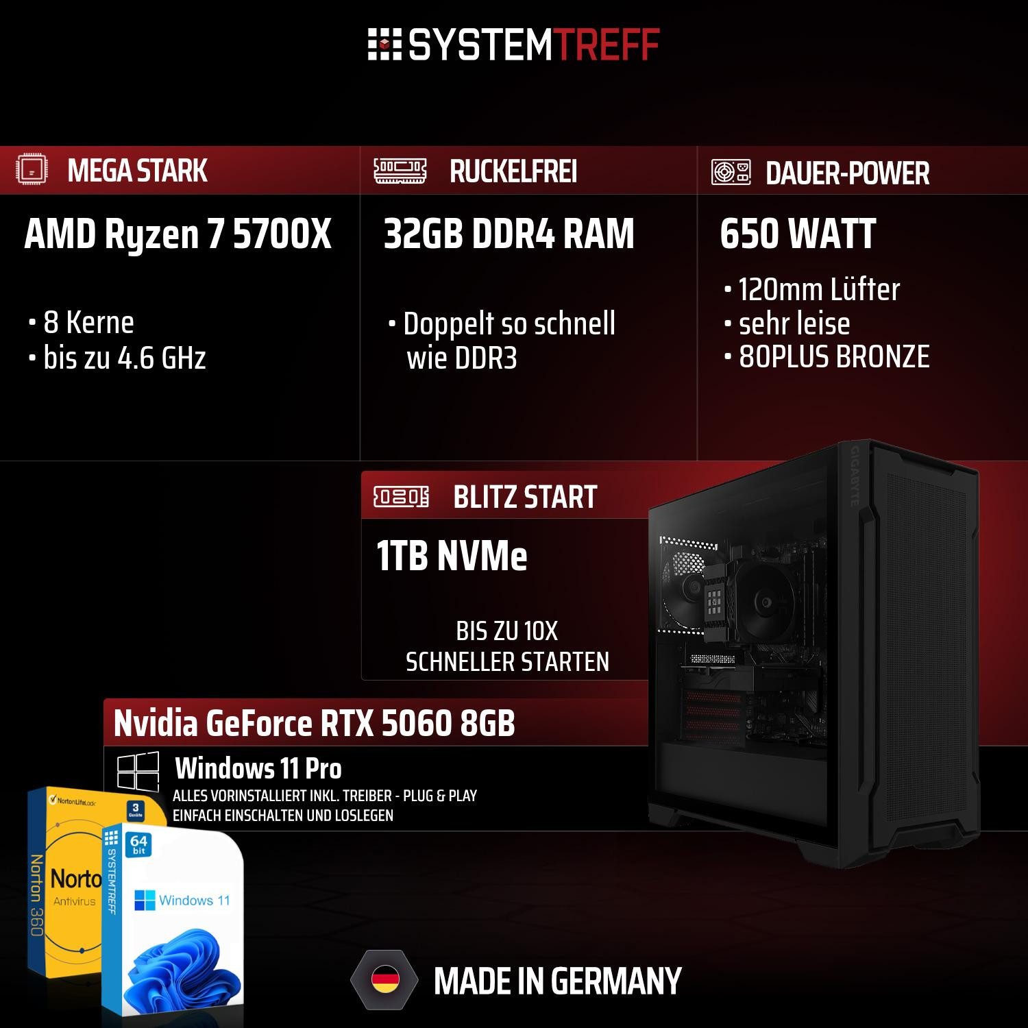 SYSTEMTREFF AMD Ryzen 7 5700X mit Nvidia GeForce RTX 5060 8GB Mini-PC (AMD 5700X 5700X, Nvidia GeForce RTX 5060, 32 GB RAM, 1000 GB SSD, Luftkühlung)