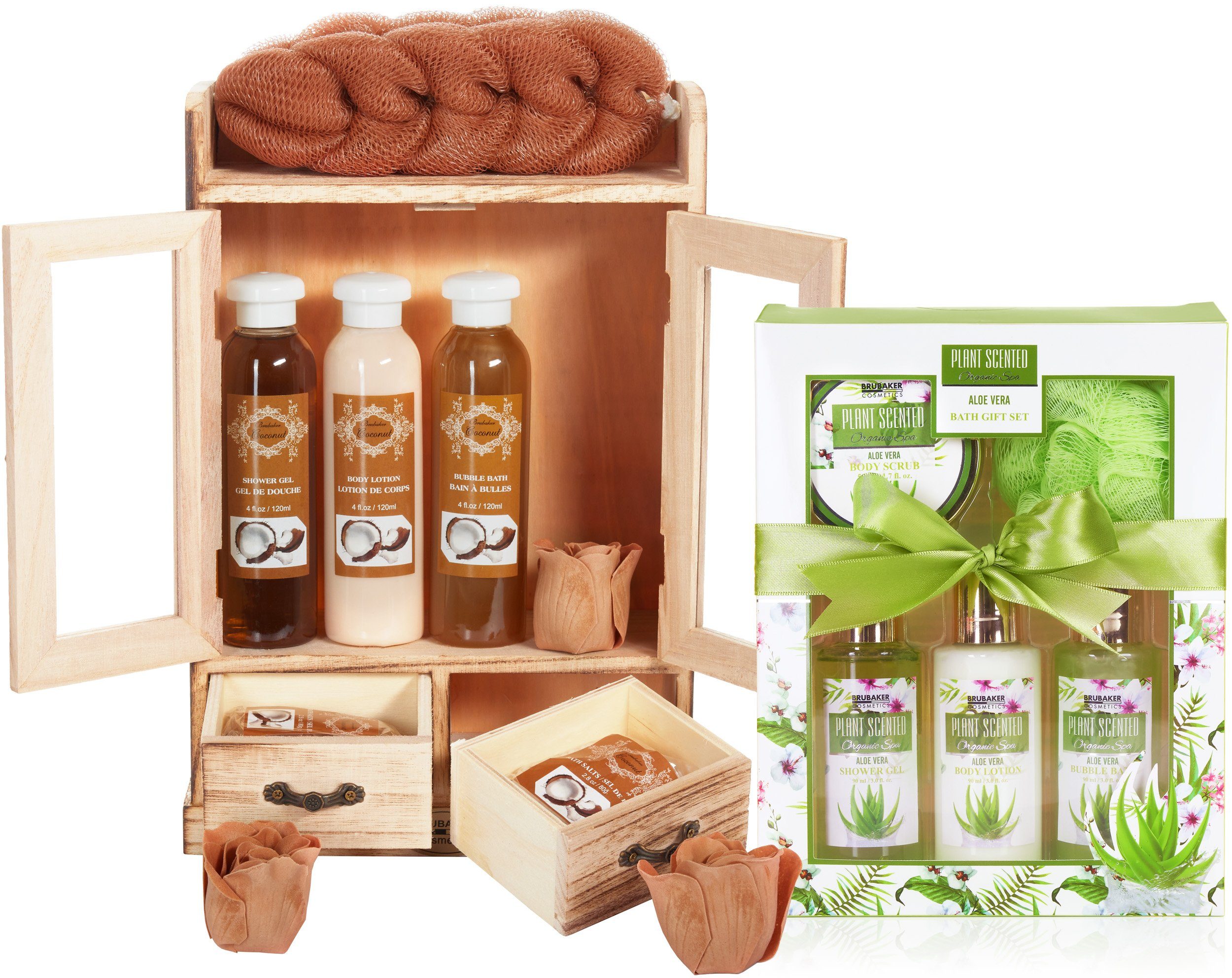 BRUBAKER Pflege-Geschenkset 2 in 1 Pflegeset Kokosnuss & Aloe Vera - Wellness Set, 15-tlg., Damen Dusch- und Badeset - Frauen Beauty Geschenkset mit Dekoration