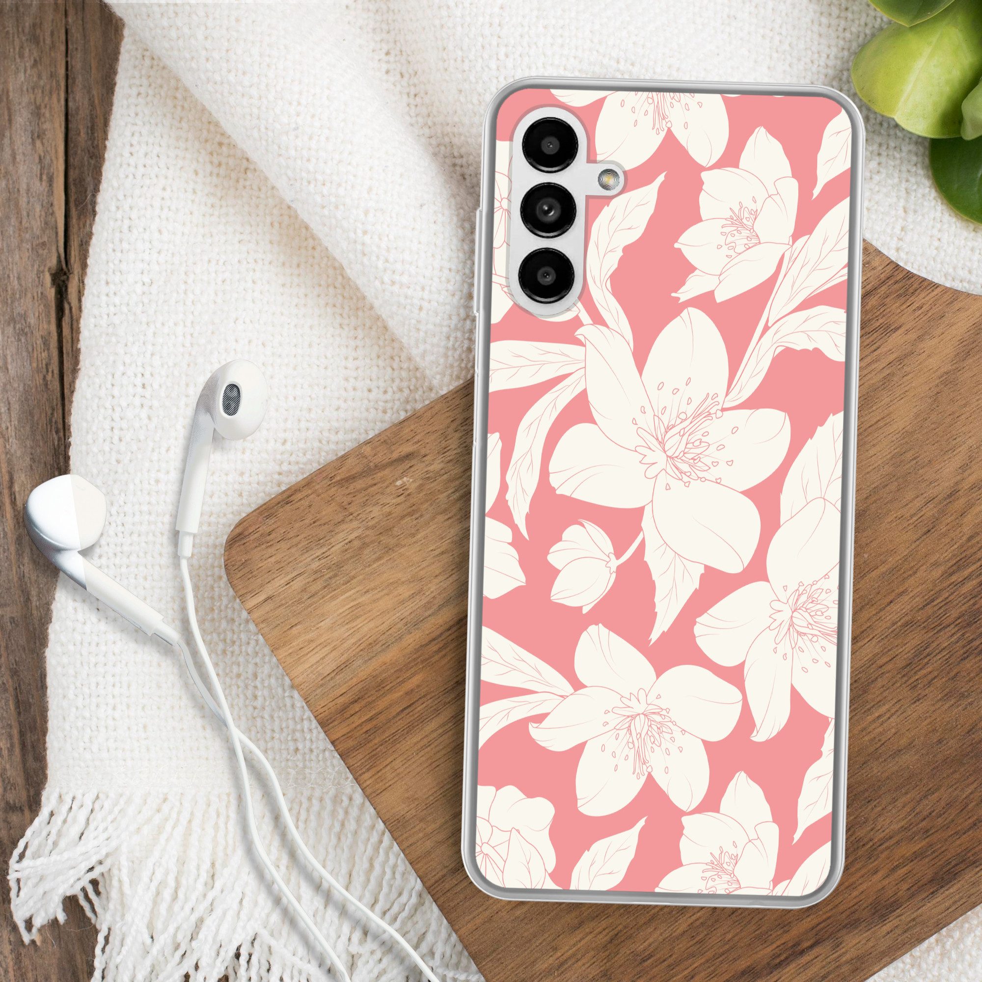 MuchoWow Handyhülle für Samsung Galaxy A04s Blumen - Muster - Rosa - Weiß, Handy Case, Silikon, Bumper Case Dünn