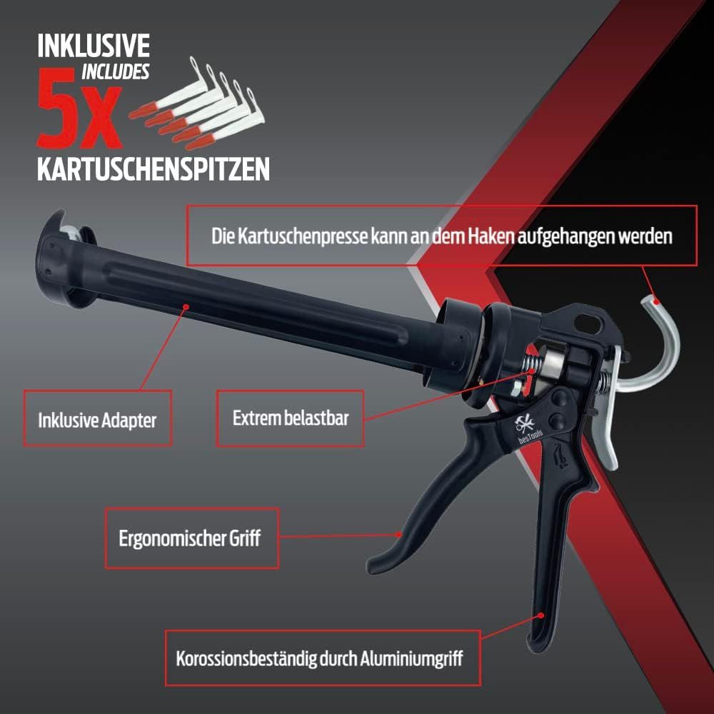 bestTools Fliesenspachtel Profi Kartuschenpresse 150-310ml 20:1 Silikonpistole inkl. 5 Spitzen Starke 4000N Kraftübertragung 360° drehbar Nachlaufstop Alu-Griff – Bild 4 von 4