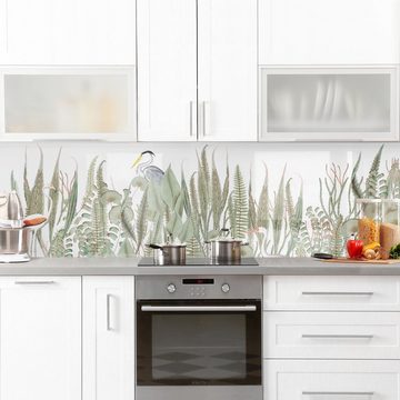 Bilderdepot24 Küchenrückwand grün dekor Botanik Tropisch Tiere Flamingo und Storch mit Pflanzen, (1-tlg., Nischenrückwand - für Fliesenspiegel ohne Bohren - matt), Spritzschutz Rückwand Küche Herd - Folie selbstklebend versch. Größen