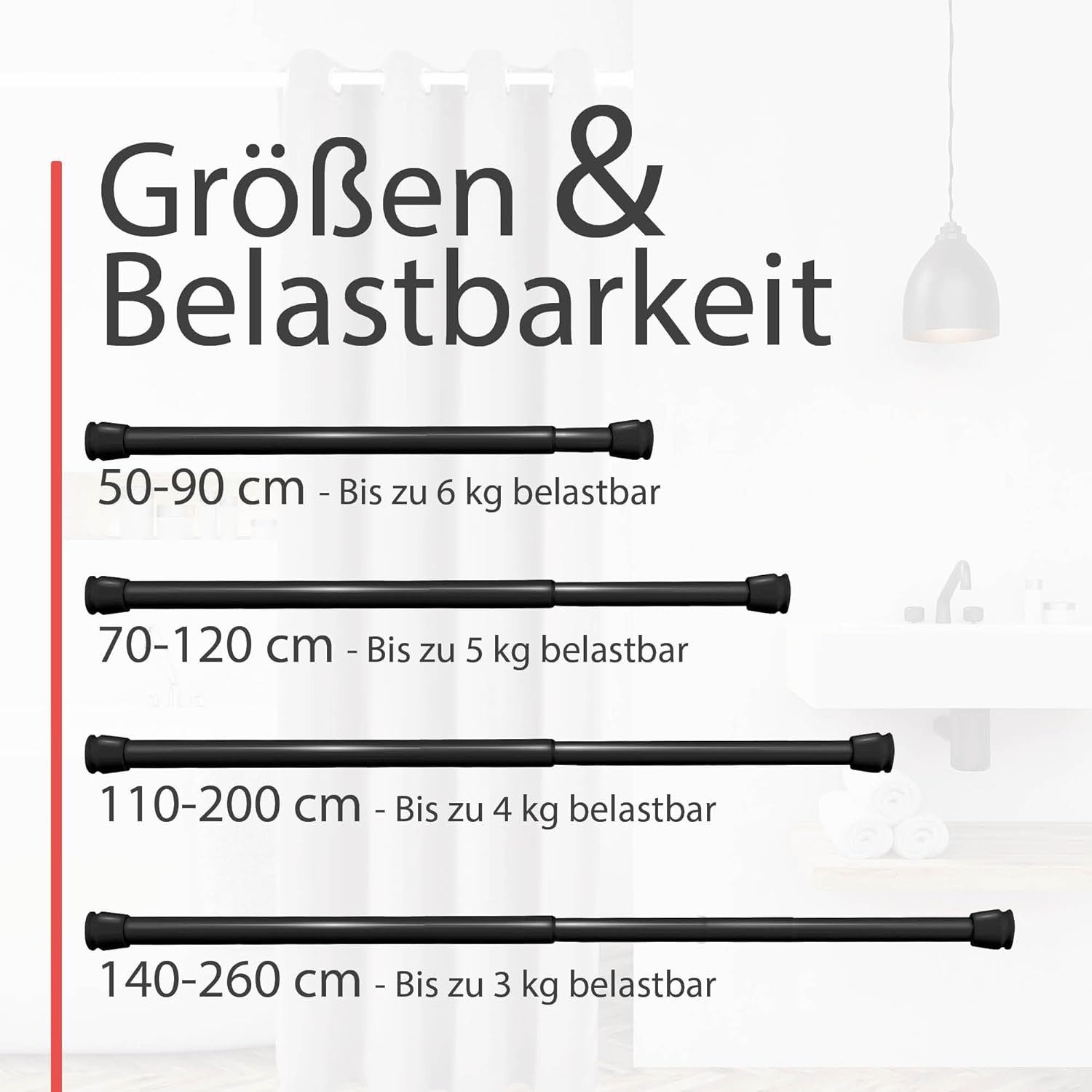bomoe Duschstange Duschvorhangstange Ohne Bohren 140-260 cm Stufenlos Neptun, Schwarz, Ausziehbar – Duschstange Teleskopstange zum Klemmen Spannstang – Bild 5 von 5