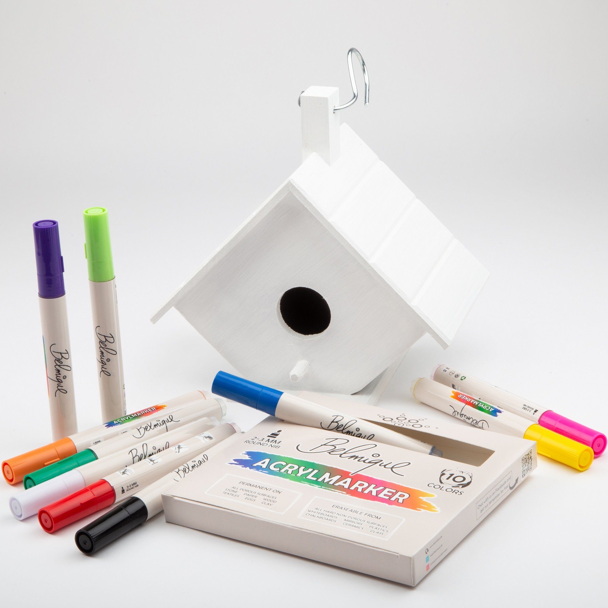 Belmique Kreativset Vogelhaus zum Bemalen inkl. 10 Acrylmarker – Holz, weiß, handgefertigt, Weißes Vogelhäuschen zum selbst Bemalen inkl. Marker (Auswahl)