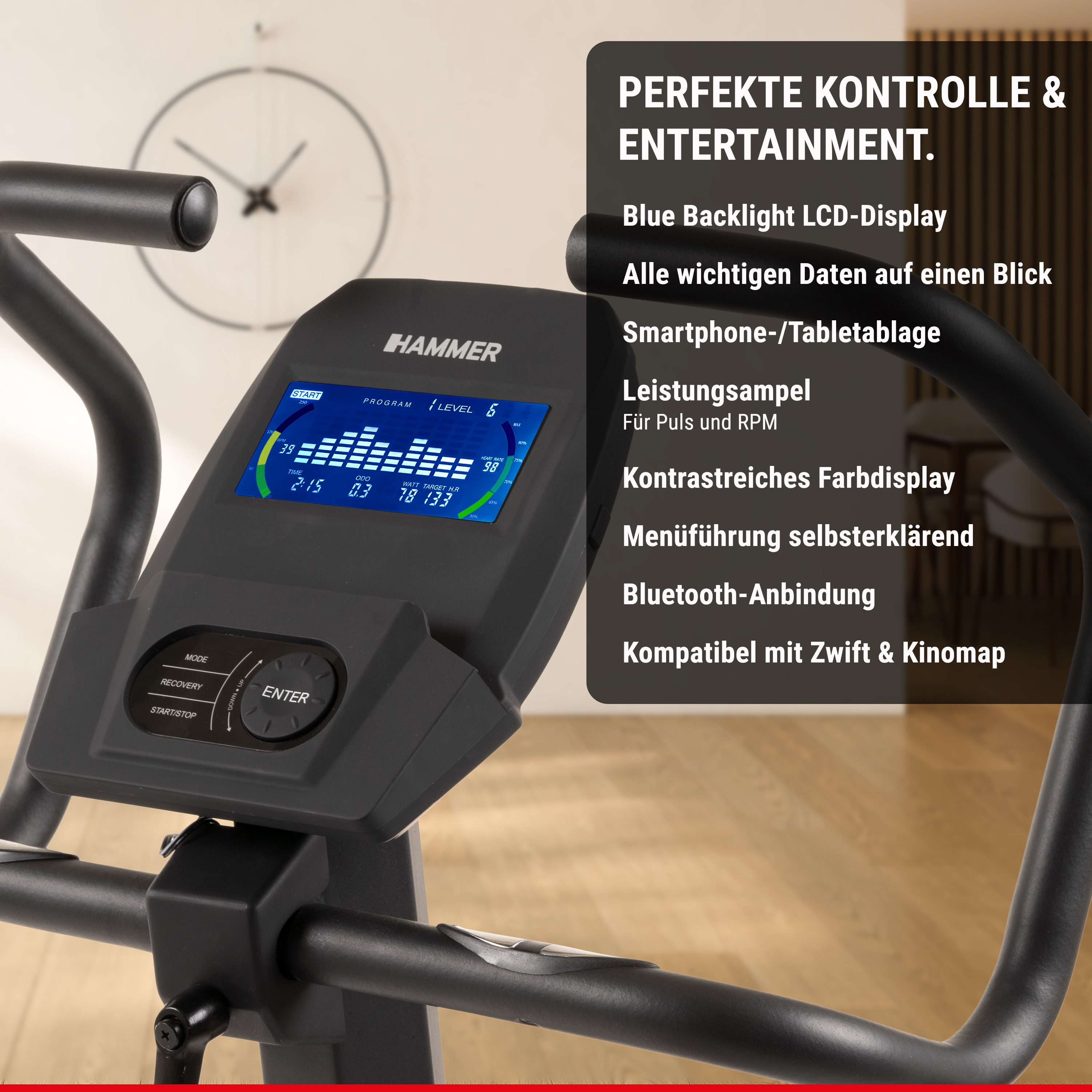 Hammer Heimtrainer CardioPace 5.0 NorsK, edles Holz-Design, 36 Programme, Zwift & Kinomap – Bild 5 von 5