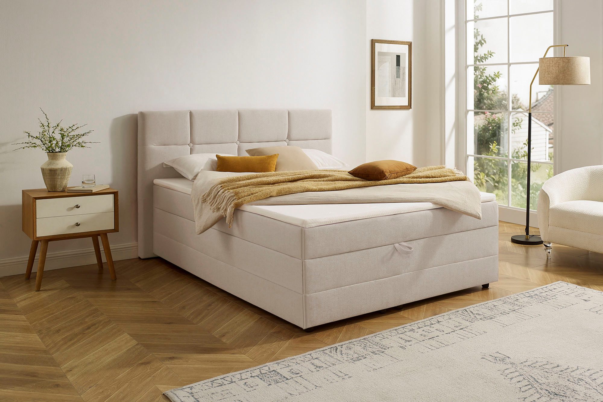 OTTO home Boxbett FILLMORE, Polsterbett mit Bettkasten und Taschenfederkernmatratze H3, mit Kaltschaumtopper, Strukturstoff-Bezug, 140x200 & 180x200 cm