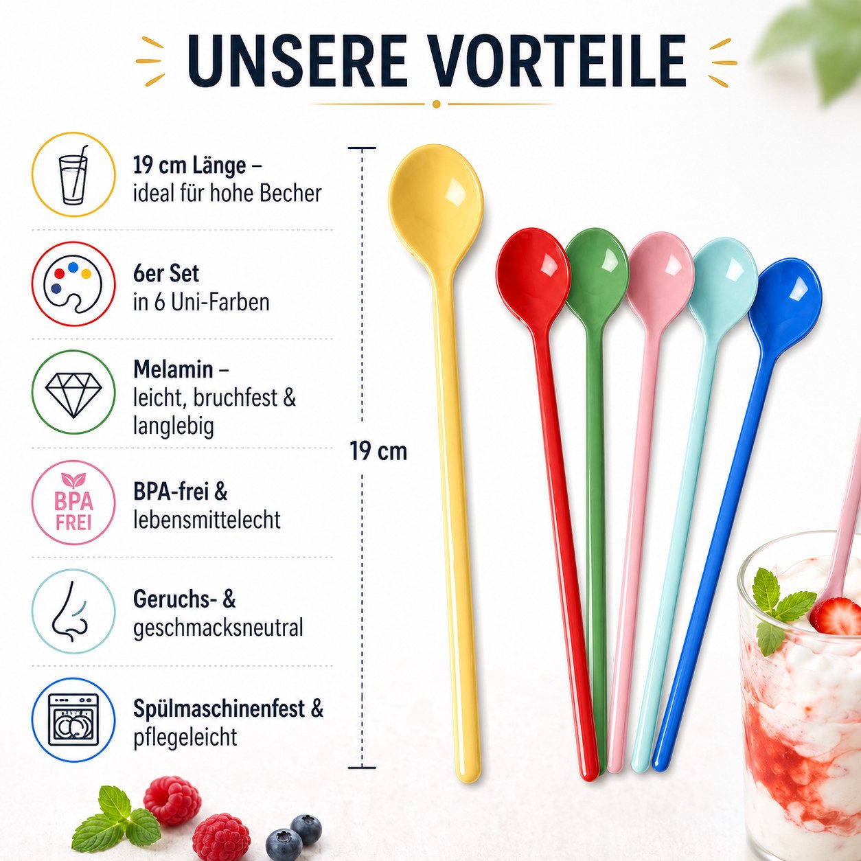 rice Dessertlöffel Latte Löffel Set 6er bunt lang für Kaffee & Dessert (6 Stück)