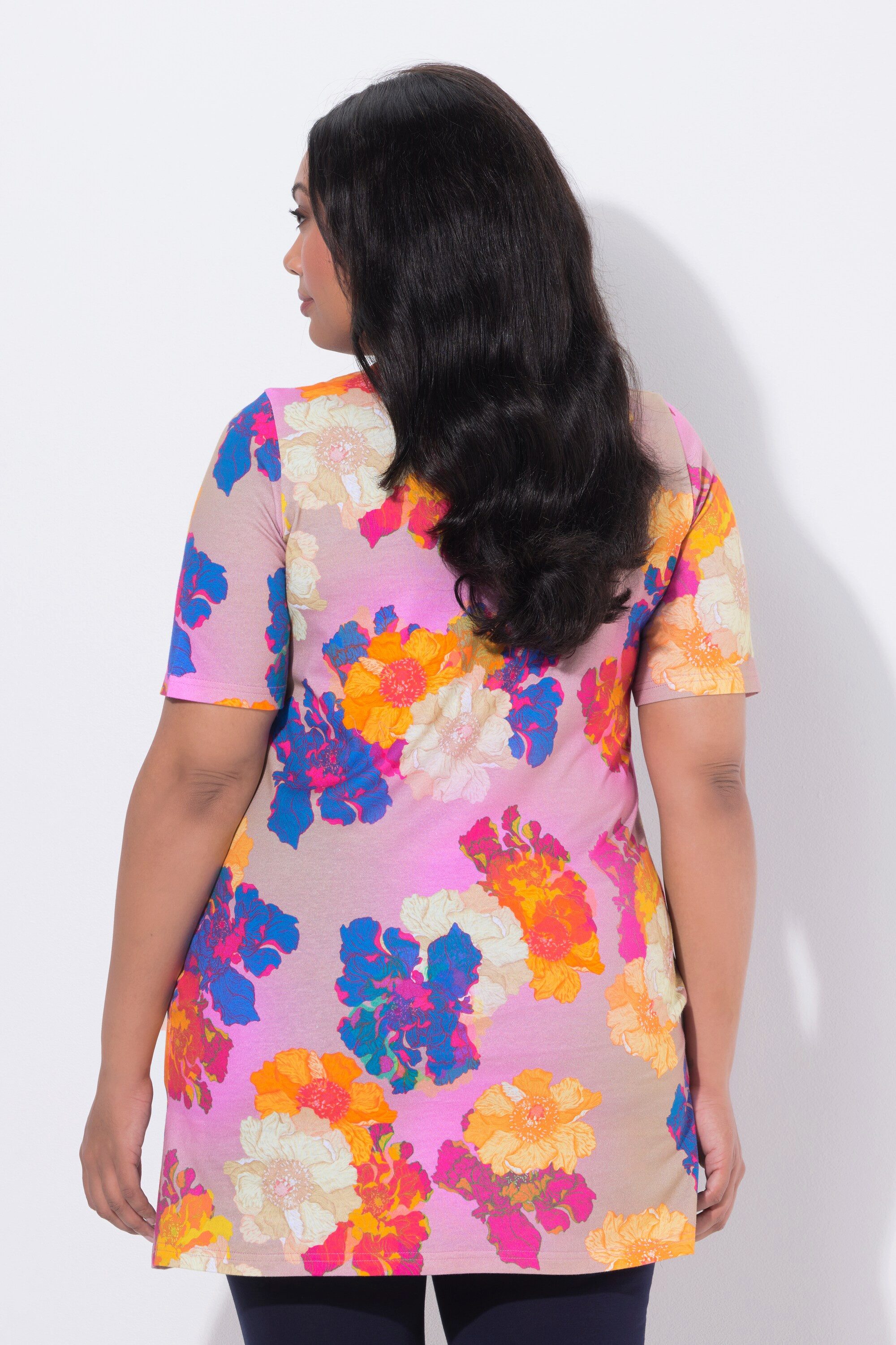 Ulla Popken Longshirt Longshirt Zierbänder A-Linie V-Ausschnitt Halbarm