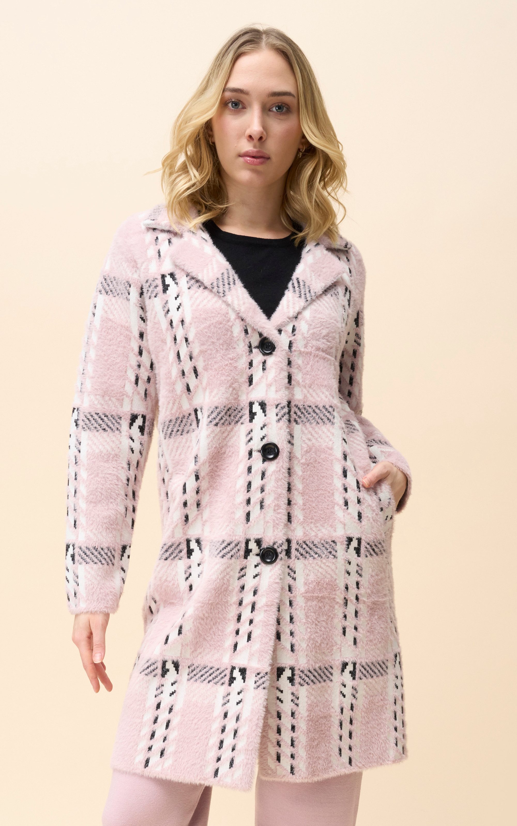 Passioni Strickmantel in rosa mit Karo-Muster günstig online kaufen