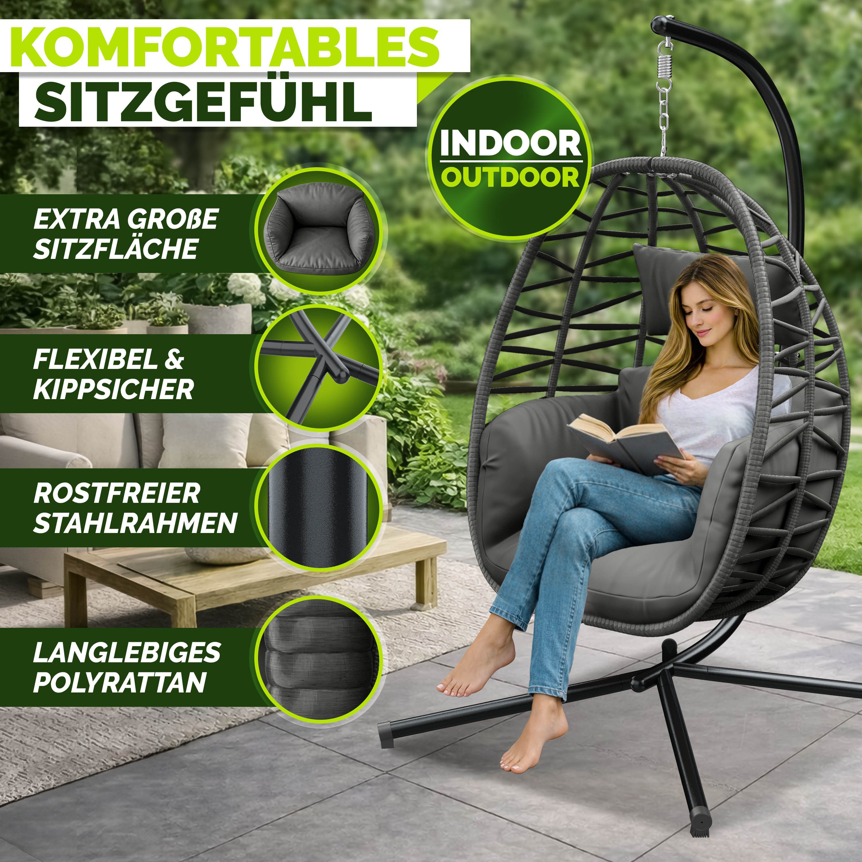 tillvex Hängesessel tillvex® Swivo Hängesessel mit Gestell inkl. wetterfester Abdeckung (Hängekorb klappbar bis 150 kg, Hängesitz aus Rattan, Hängestuhl für Indoor Garten Balkon Terrasse), mit Gestell Outdoor & wetterfester Abdeckung mit Befestigung