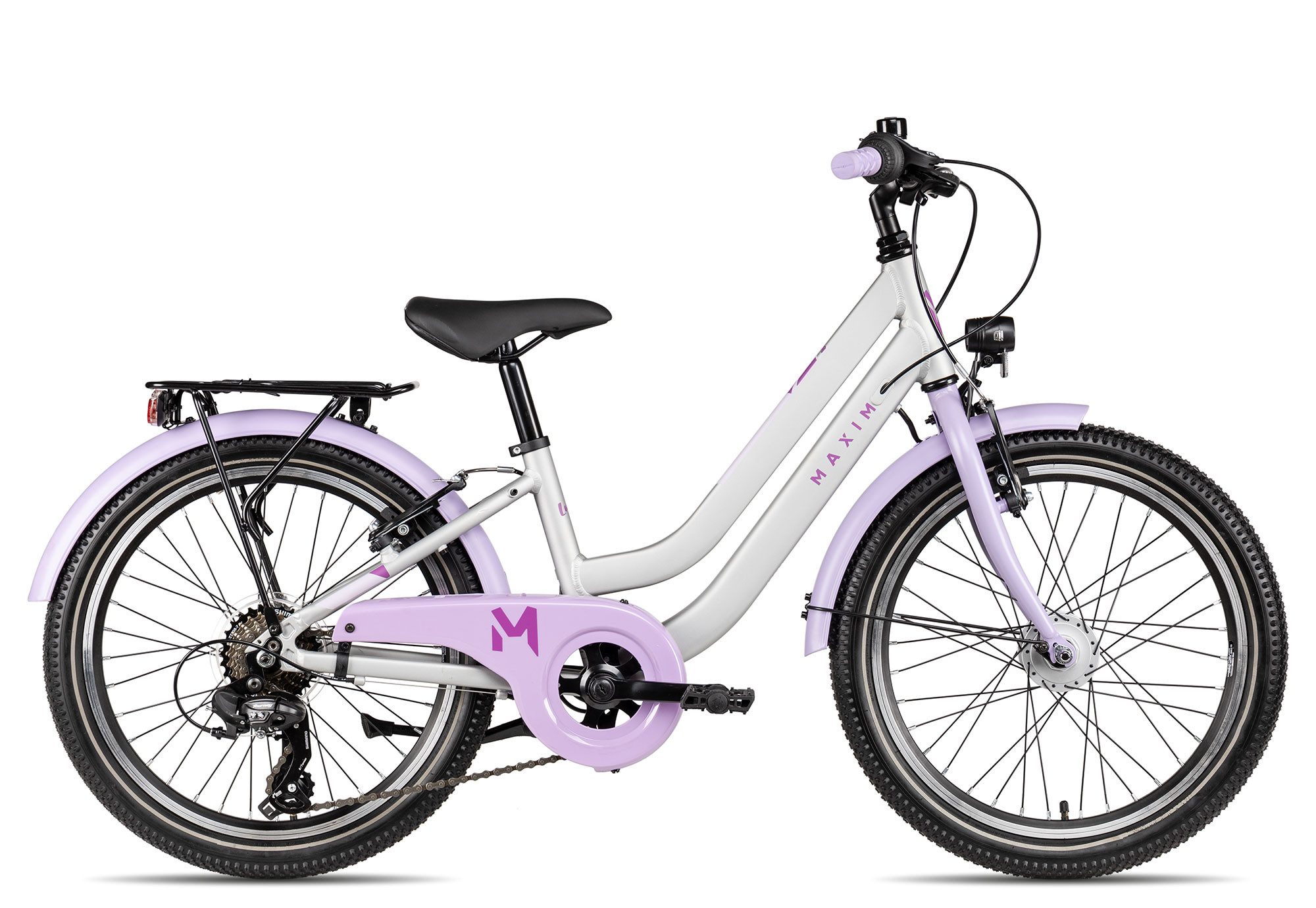 Maxim Kinderfahrrad Luna 20-7, 7 Gang Shimano Tourney RD-TY300 Schaltwerk, Kettenschaltung, leichter Aluminiumrahmen violett/rosa