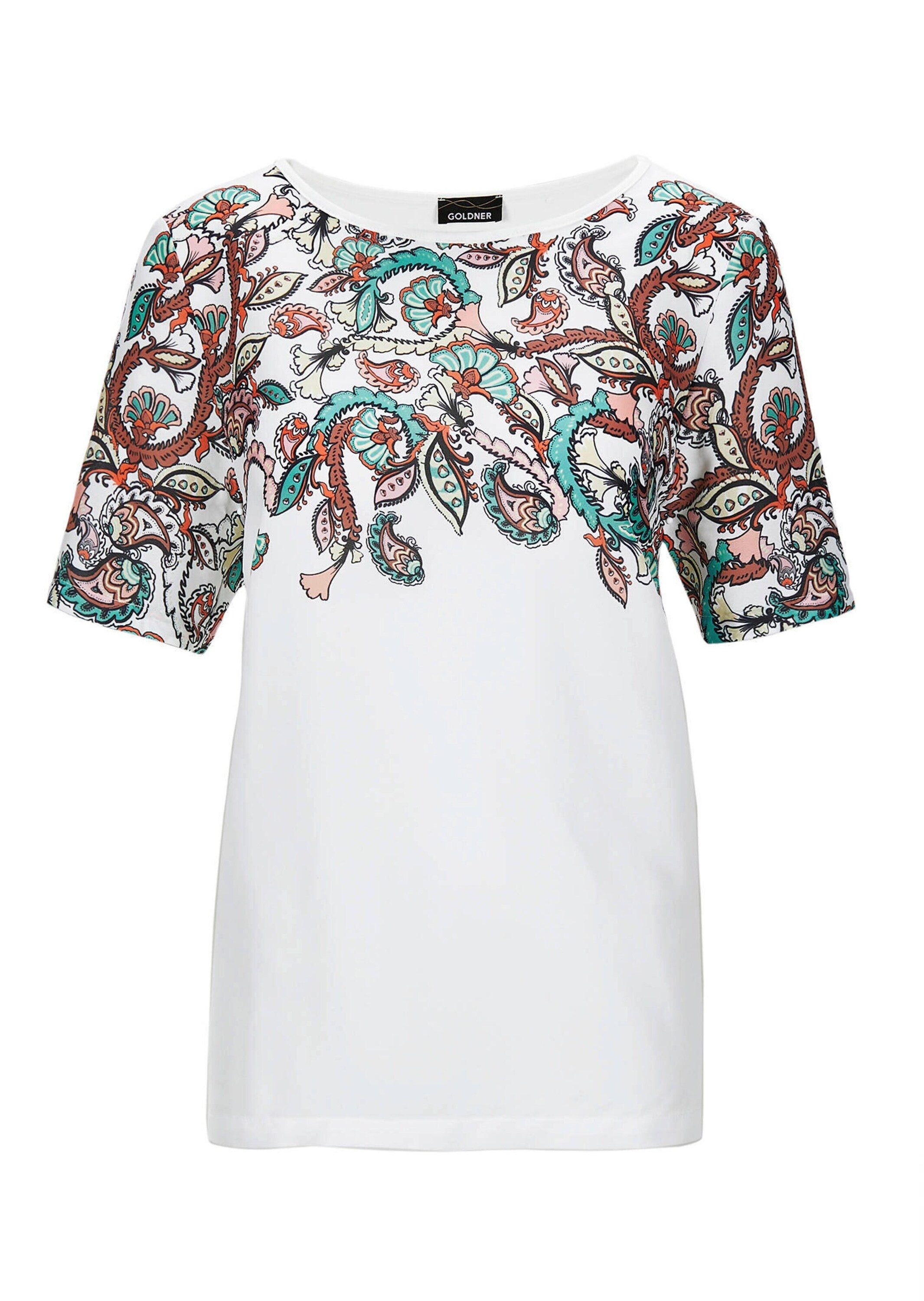 GOLDNER T-Shirt Elegantes Shirt mit Paisley-Design Printshirt mit U-Boot-Ausschnitt, halblange Ärmel, Chiffon-Front