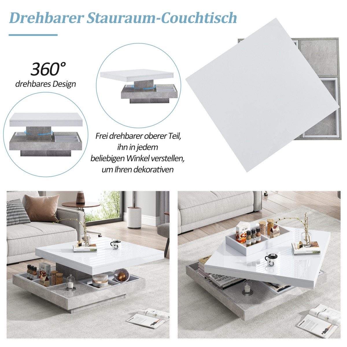 IDEASY Couchtisch Hochglanz-Doppelschicht-Couchtisch mit 360° schwenkbarer Tischplatte (Wohnzimmer-Couchtisch, 30 kg belastbar), Offenes Fach mit 4 herausnehmbaren Staufächern