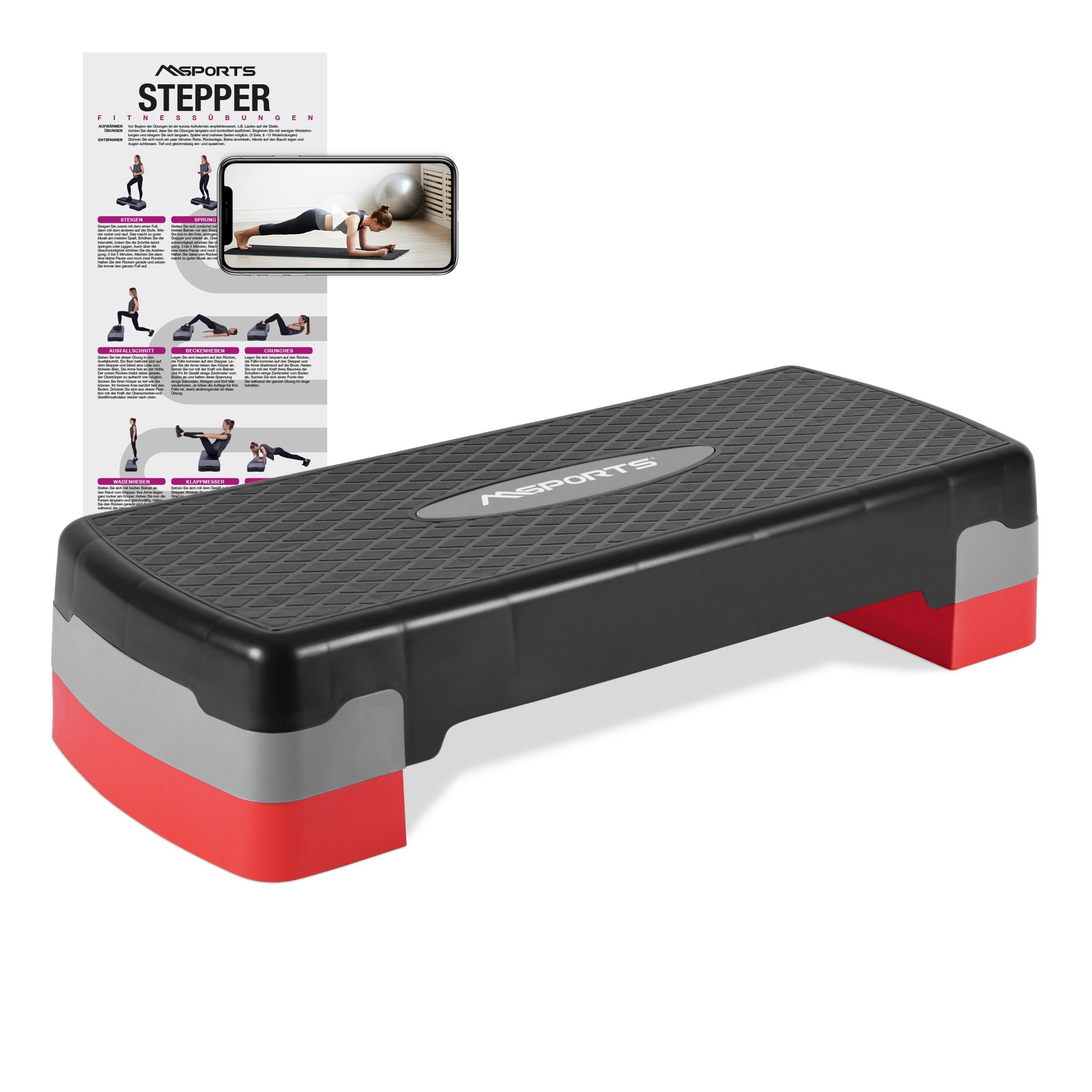 MSports® Stepper Steppbrett Home inkl. Übungsposter 2 - Fach höhenverstellbar schwarz | Stepper
