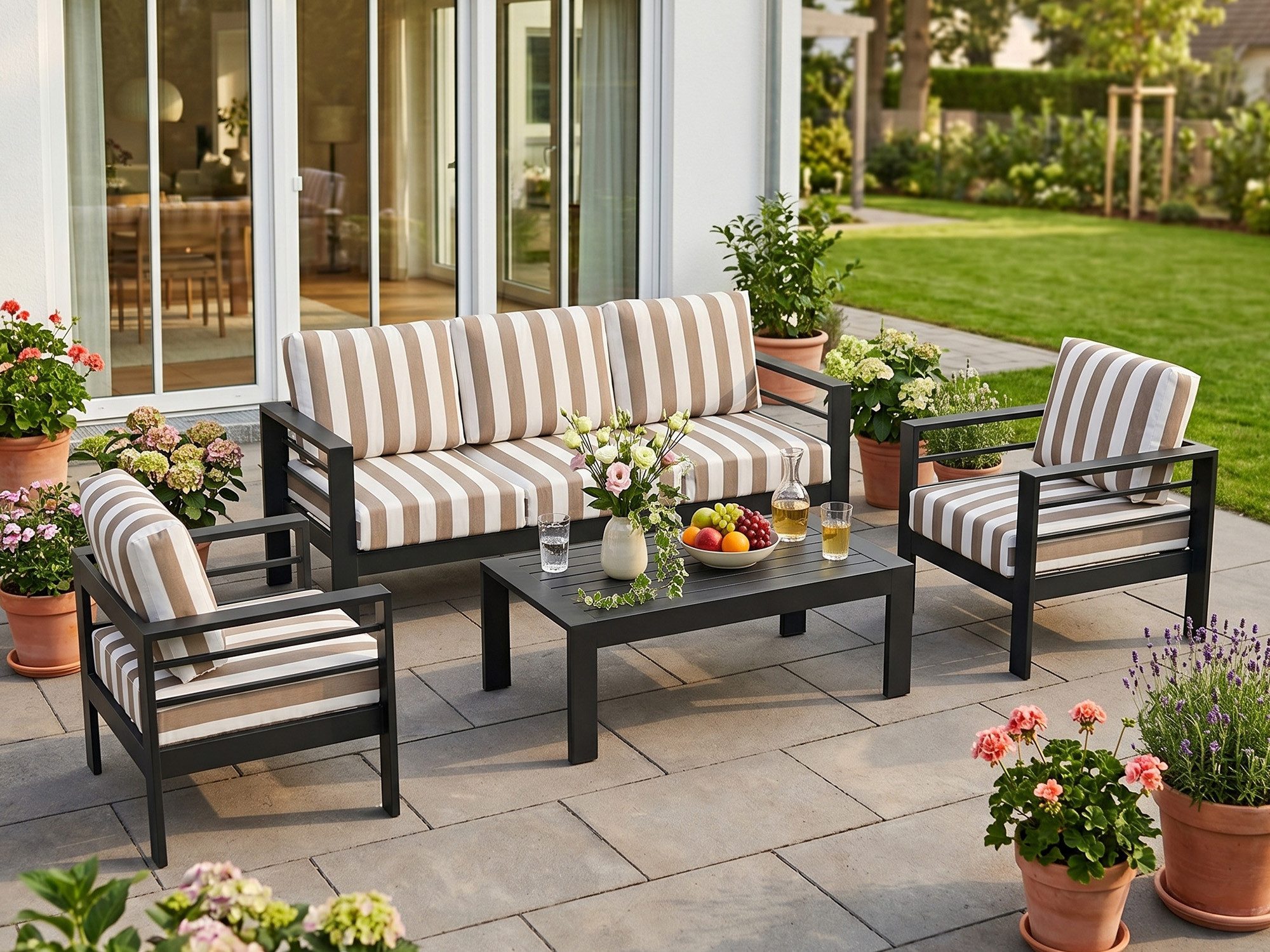 MeXo Gartenlounge-Set Gartenmöbel Set 4-5 Personen Aluminium Wetterfest, (12cm Deluxe Relax-Sitzkissen mit gestreiftem Wechselbezug, 4-tlg., Belastbarkeit pro Sitzplatz 140kg), Lounge Gartenmöbelset mit Tisch, Luxus Relax