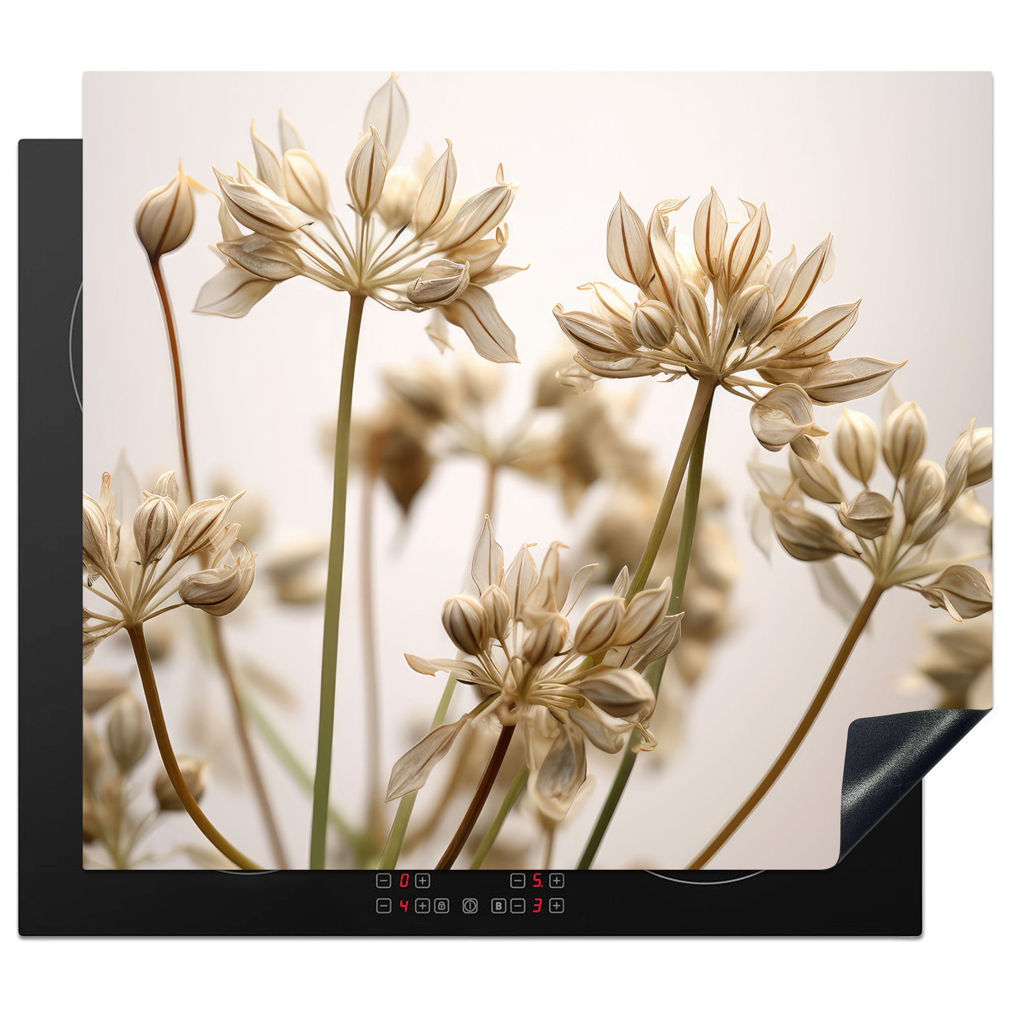 MuchoWow nutzbar, 60x52 Blumen Ceranfeldabdeckung - Mobile tlg), Beige Weiß Herdblende-/Abdeckplatte Pflanzen, Getrocknete Vinyl, - (1 - Arbeitsfläche cm,