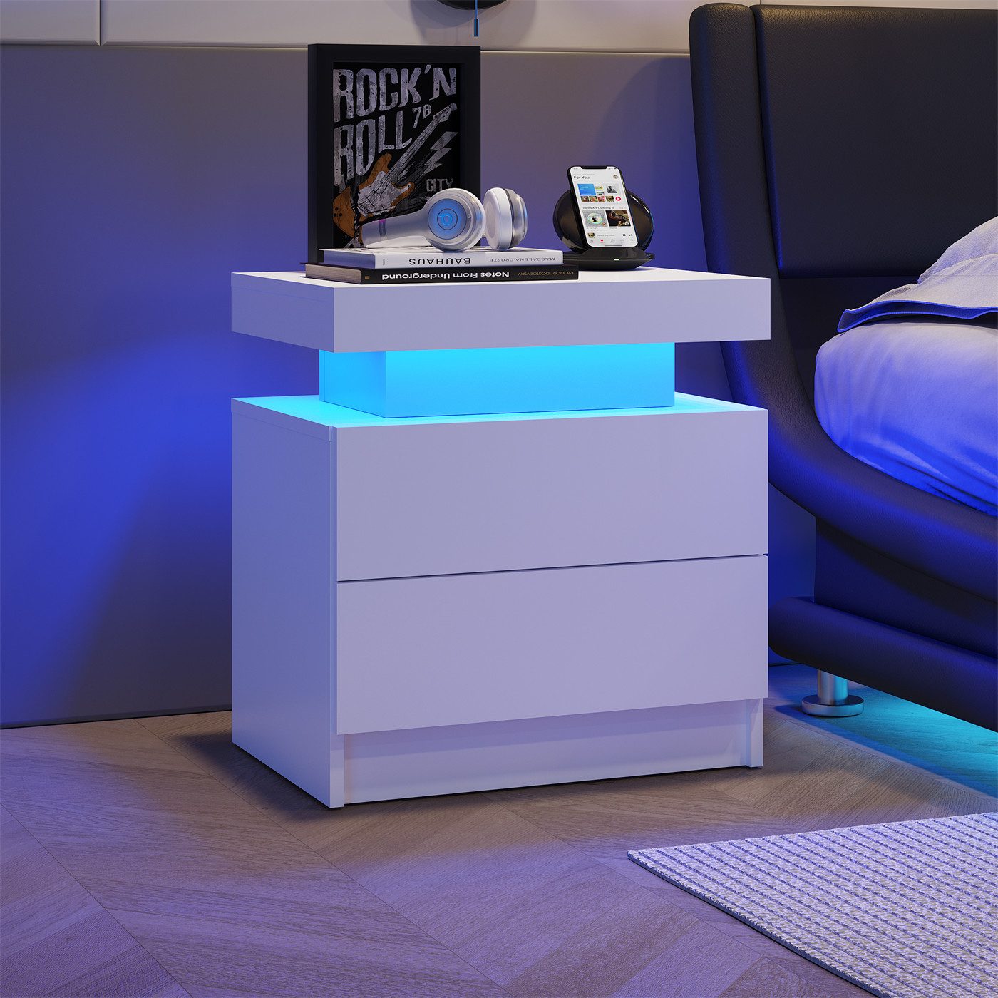 autolock Nachttisch Nachttisch LED Beistelltisch Schrank Lichter Modernes Ende Seite, mit 2 Schubladen für Schlafzimmer