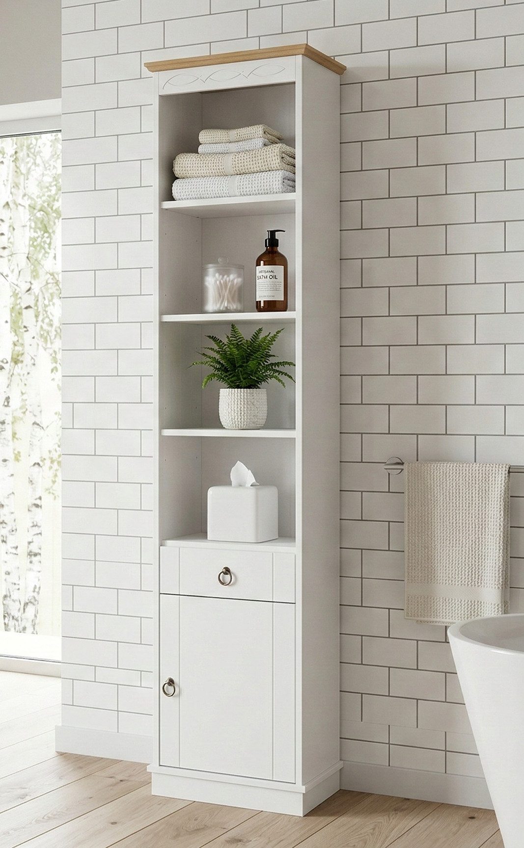 OTTO home Hochschrank Indra, Badschrank, Badmöbel, Badezimmerschrank (B/T/H: 46/32/186 cm) aus massiver Kiefer, mit Schublade, FSC®-zertifiziert