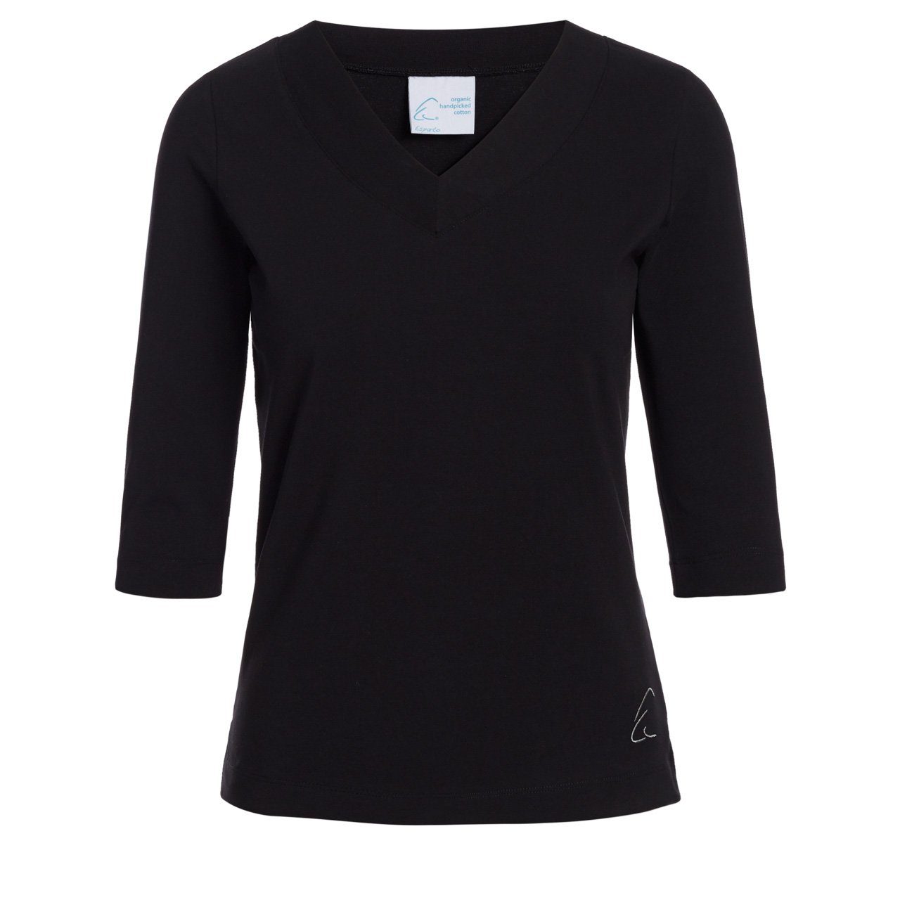 ESPARTO Yogatop Damen-Shirt Sundar in Bio-Baumwolle lang geschnitten und leicht geschlitzt, 2/3 Ärmel, V-Ausschnitt Schwarz