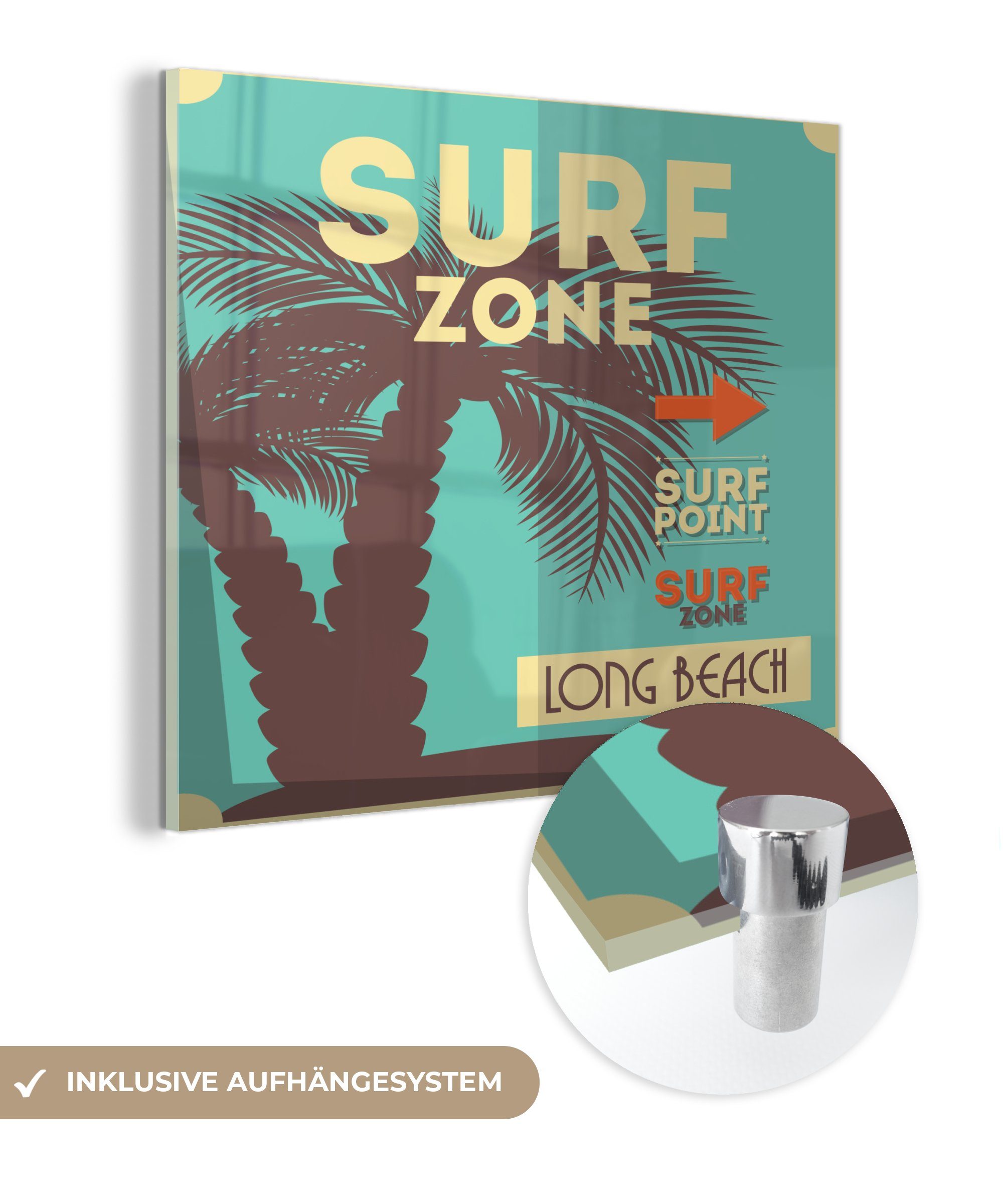 MuchoWow Acrylglasbild Surfzone Illustration mit türkisem Hintergrund, (1 St), Glasbilder - Bilder auf Glas Wandbild - Foto auf Glas - Wanddekoration