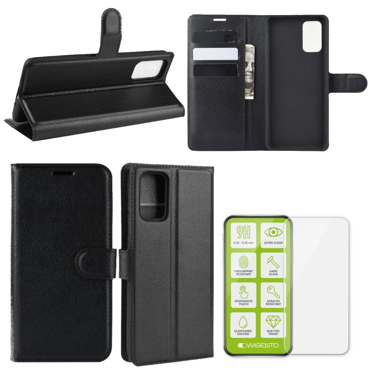 Wigento Handyhülle Für Samsung Galaxy S20 FE Fan Edition G780F G781B Tasche Wallet Premium Schwarz Schutz Hülle Case Cover Etui + 0,26mm H9 2.5 Hart Glas