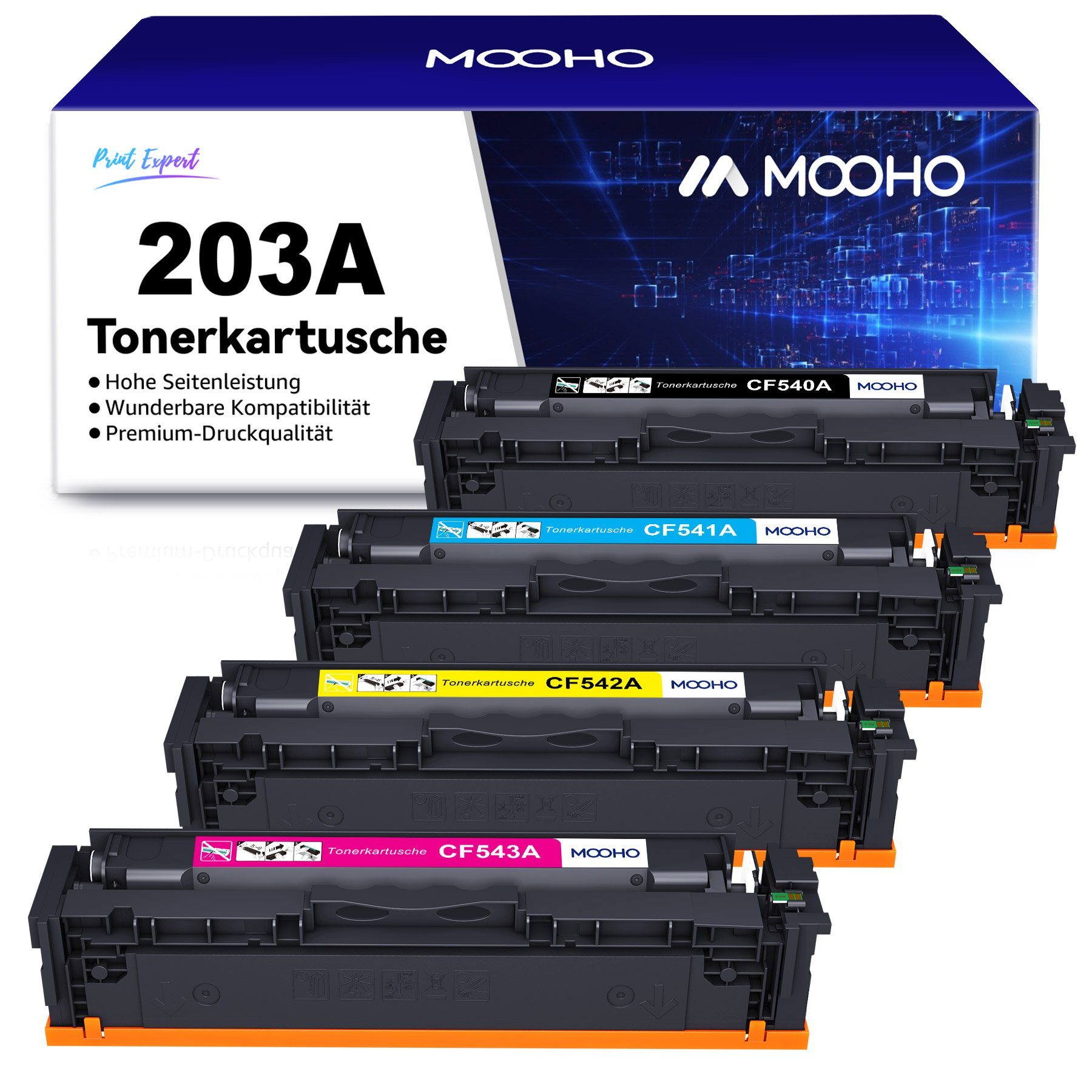 MOOHO Tonerpatrone für HP 203X 203A CF540X CF540A M280nw M281fdw, (M254dw/dn/nw Drucker) 203A (Schwarz:2,400 Farbe:1,800 Seiten)