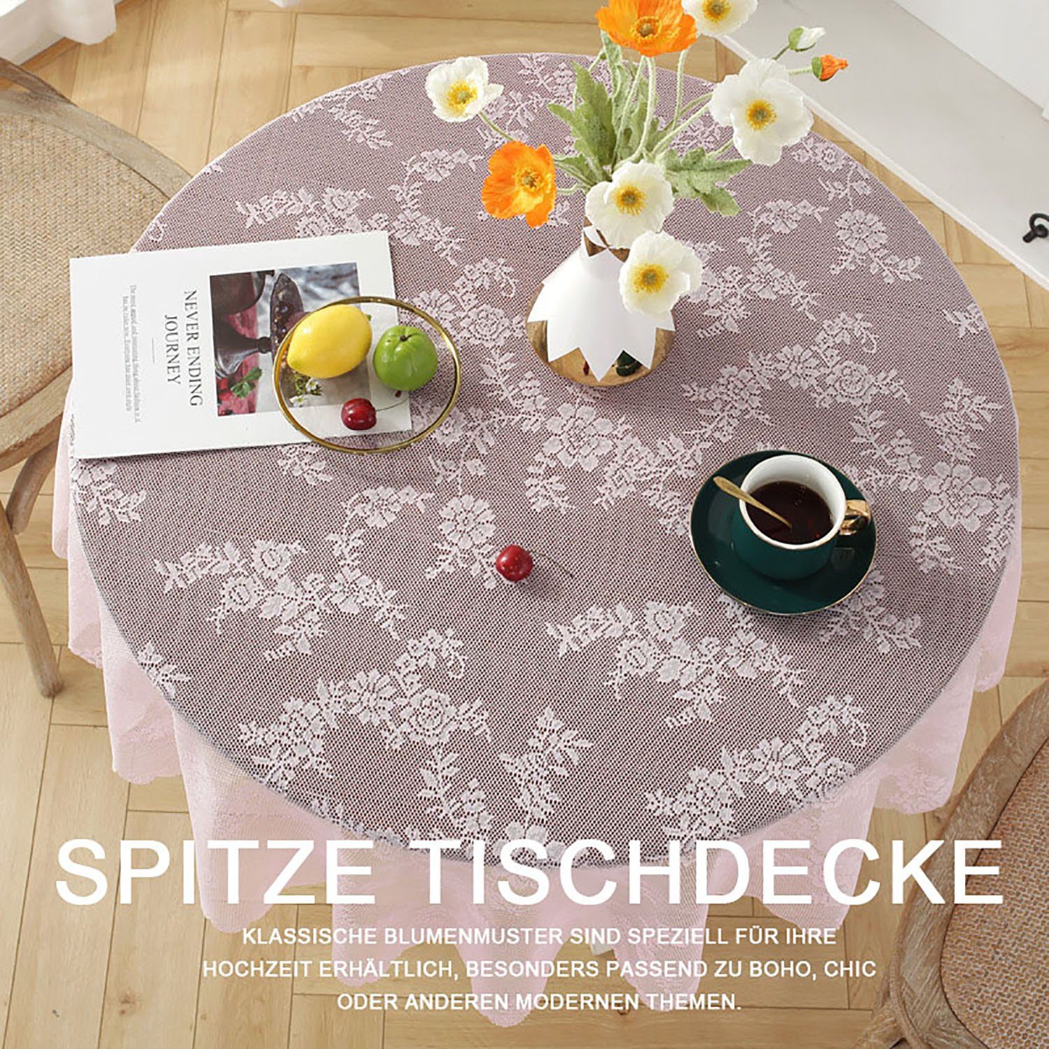 Tischdecke Vintage mit MAGICSHE Tischdecke Wellenschliff (1-tlg) Rosa-1 Spitzen Runde