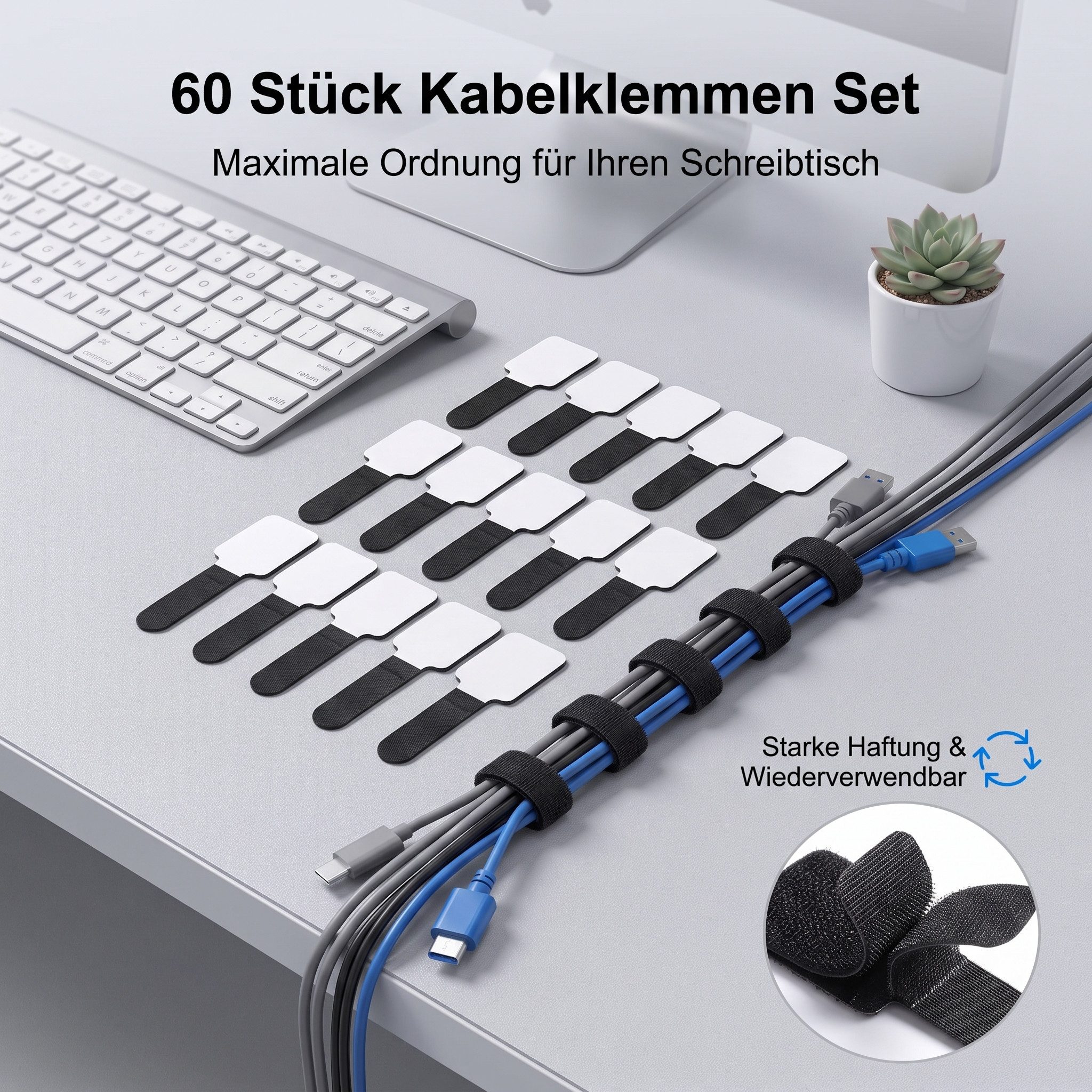 SURFOU Kabelbinder Kabelhalter selbstklebend 60er Set für Kabelmanagement