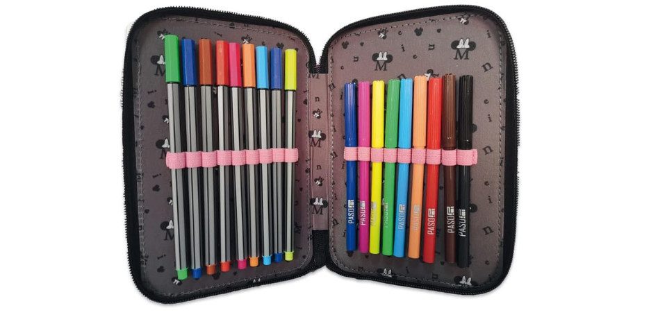GOLDKIDS Federmäppchen Federtasche 3-fache Federmappe Federmäppchen 45-teilig, (gefüllte Schüleretui Stifte und Pinsel, 1-tlg., inkl. Aufgabenheft Federbox Etui), Stiftetasche Schlamper-Etui Schul-Etui Minnie Mouse
