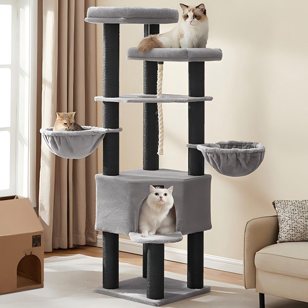FEANDREA Kratzbaum 141 / 186 cm (H), Katzenbaum, für große katzen, 13 dicken Säulen (11 cm d), stabil, Kippschutz