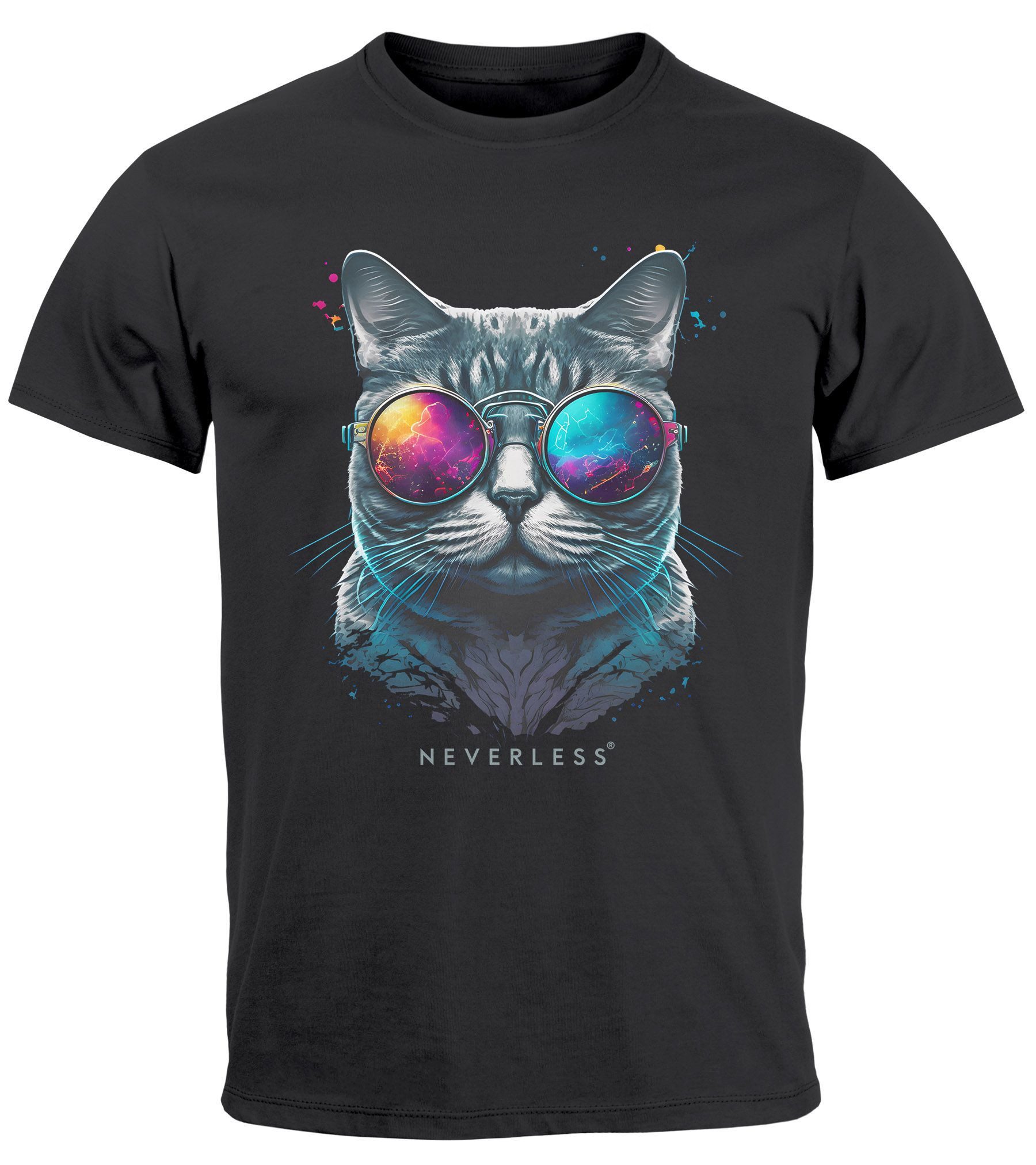 Neverless Print-Shirt Herren T-Shirt Aufdruck Katze günstig online kaufen
