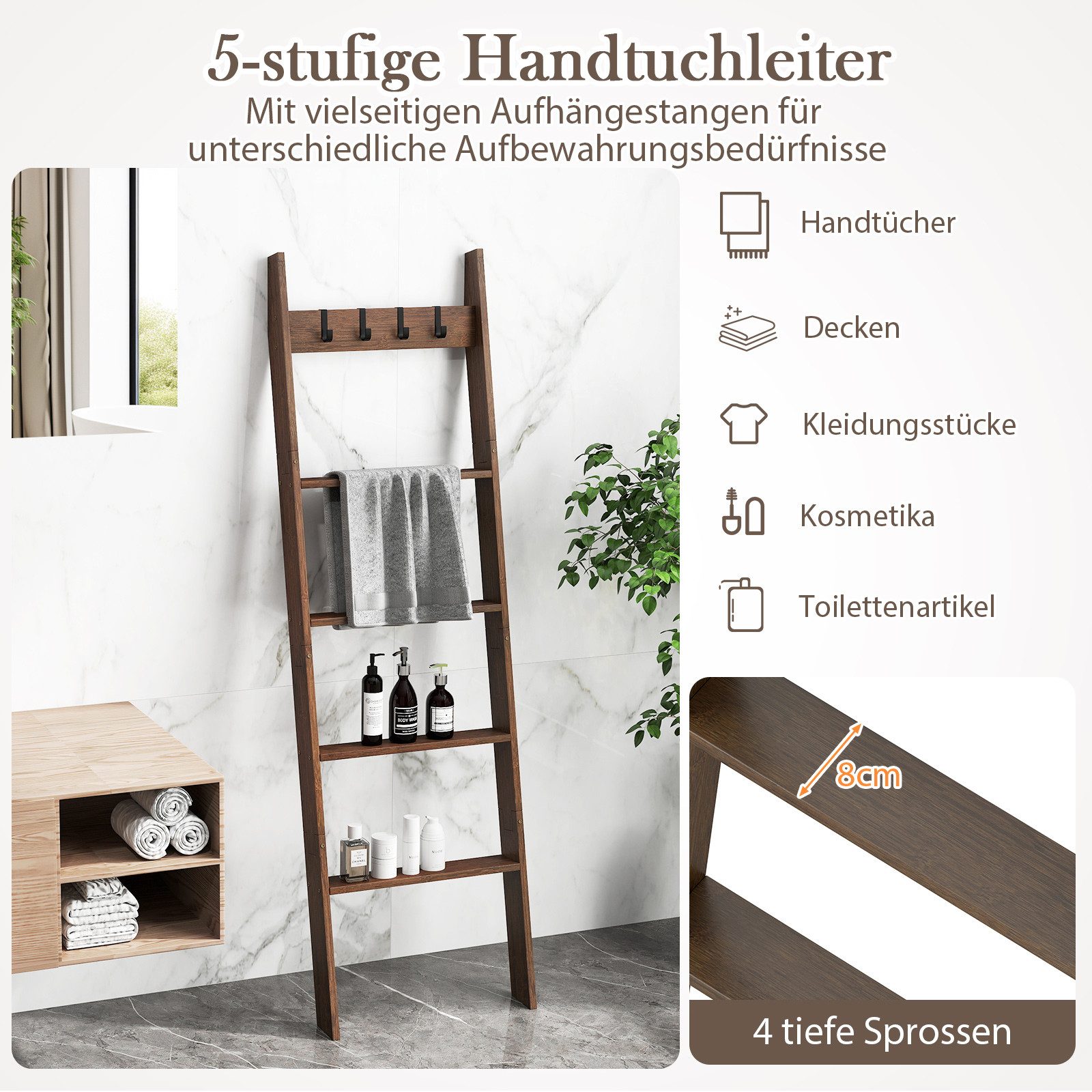 COSTWAY Handtuchhalter, stehend, Bambus 5-stufiges Leiterregal günstig online kaufen