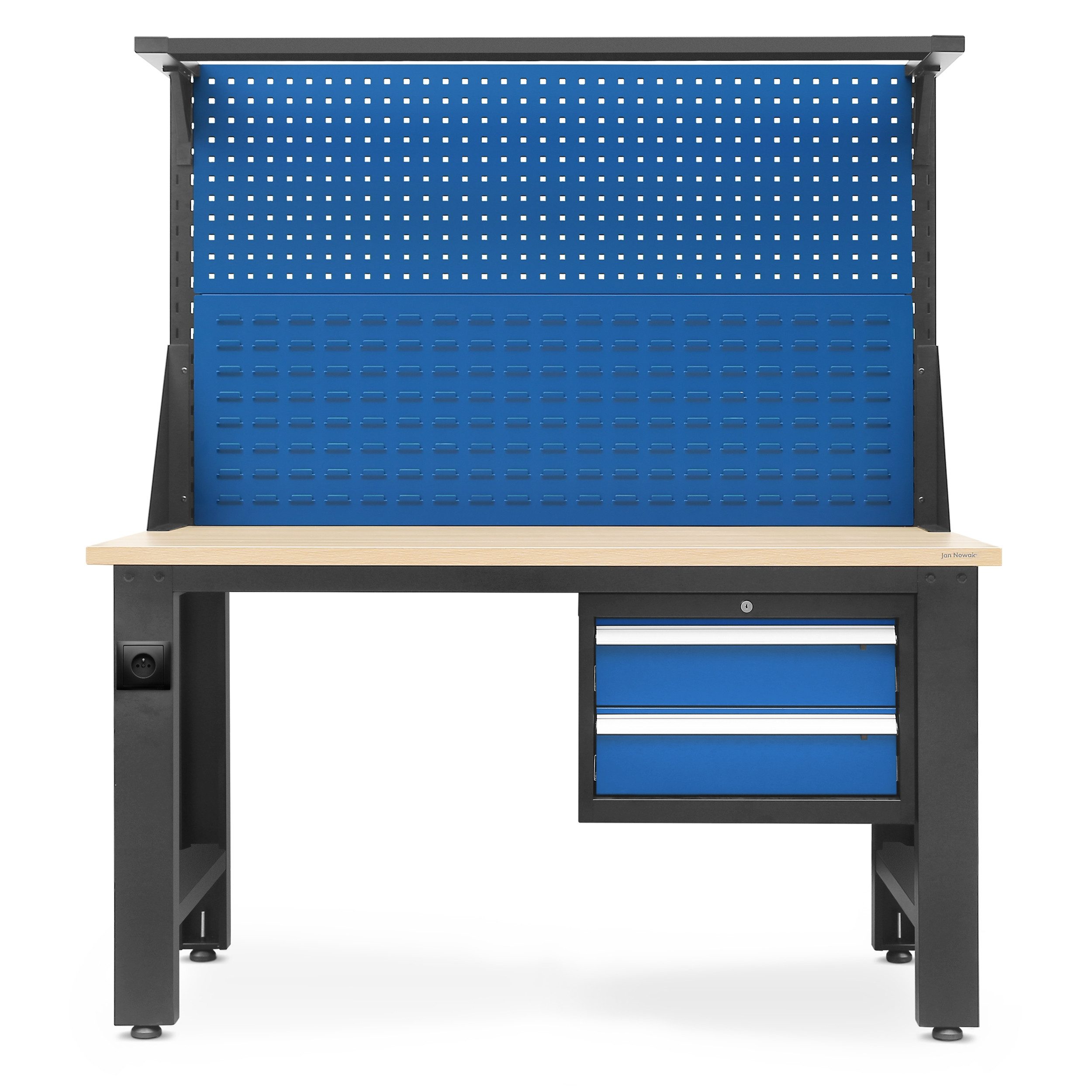 Jan Nowak Werkbank Werkstatttisch LOGAN 150 cm Lochwand Aufsatz 2 Schubladen, (Stahl 0,8-1,5 mm 170 x 150 x 75 cm verstellbare Füße 89 kg), Werktisch abschließbar 600 kg laminierte Platte Lampenhalter