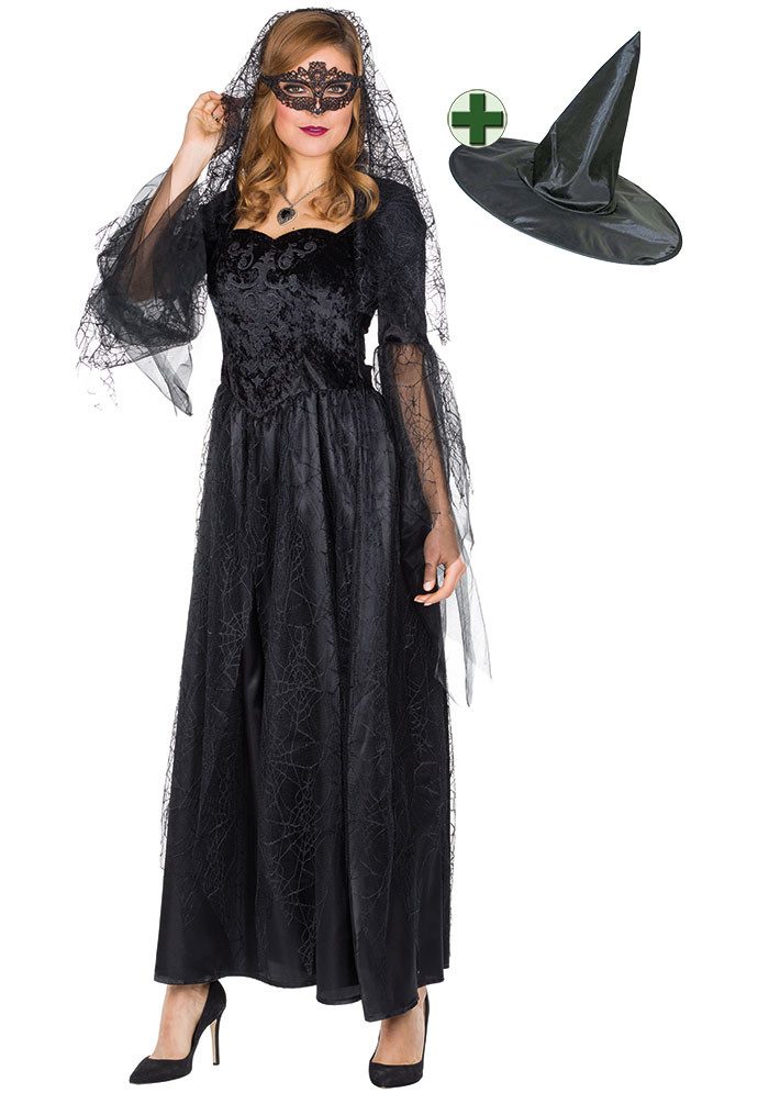 Karneval-Klamotten Hexen-Kostüm Damen mit Überrock Spinnenwebenmuster mit Hexenhut, Halloweenkostüm Frauenkostüm schwarze Hexe langes Hexenkleid