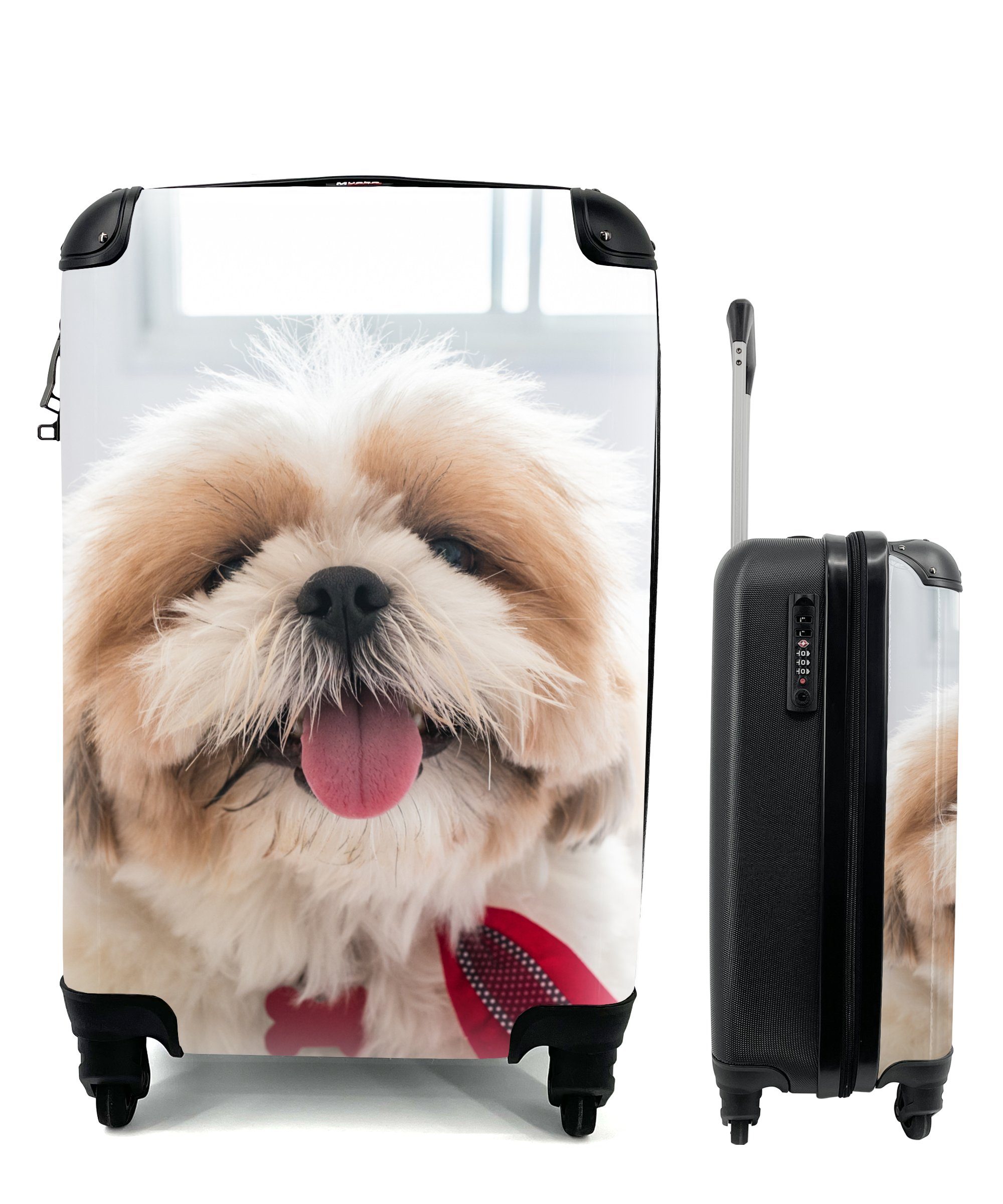 Handgepäckkoffer Bett, Ferien, rollen, weißen 4 Handgepäck Shih Tzu Trolley, Ein mit MuchoWow Rollen, Hund liegt Reisetasche einem für auf Reisekoffer