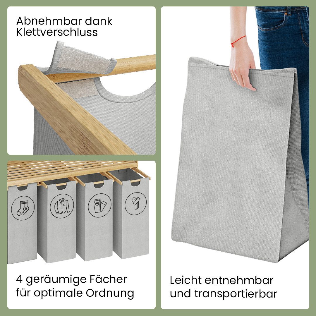Bellamio Wäschekorb Newa aus Bambus (4 Fächer mit 2 Ablagen, Hellgrau 200 L), ausziehbare & abnehmbare Wäschesäcke aus Oxford-Gewebe – Bild 5 von 5