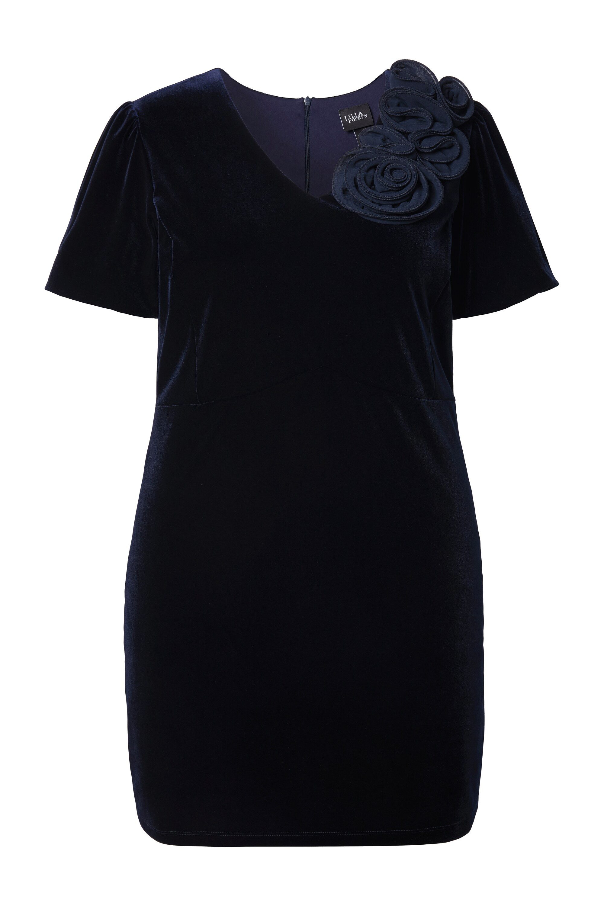 Ulla Popken Cocktailkleid Samtkleid körpernah 3D-Rosen Puff-Halbarm günstig online kaufen