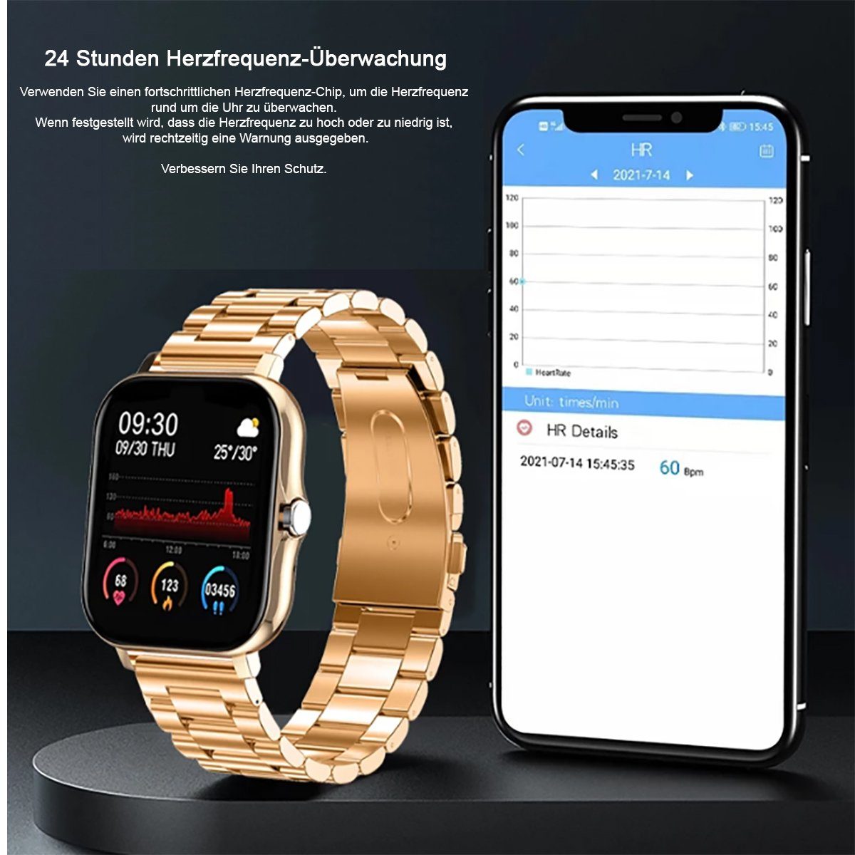 TPFNet SW02 mit Edelstahl Armband - individuelles Display Smartwatch (Android), Armbanduhr mit Musiksteuerung, Herzfrequenz, Schrittzähler, Kalorien, Social Media etc., Schwarz