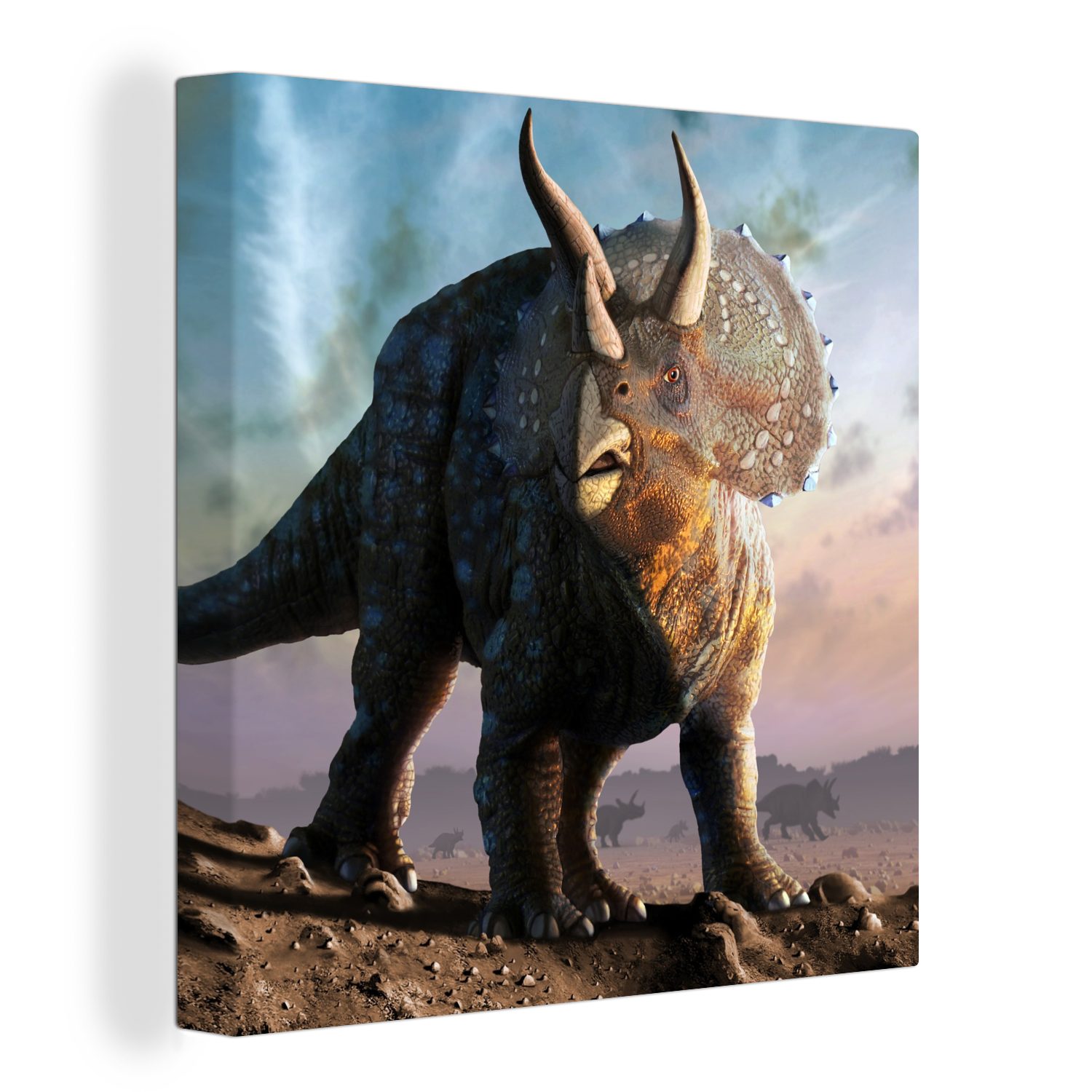 OneMillionCanvasses® Leinwandbild Dino - Geschichte - Triceratops - Kinder - Kinder - Kleiner Junge, (1 St), Leinwand Bilder für Wohnzimmer Schlafzimmer bunt