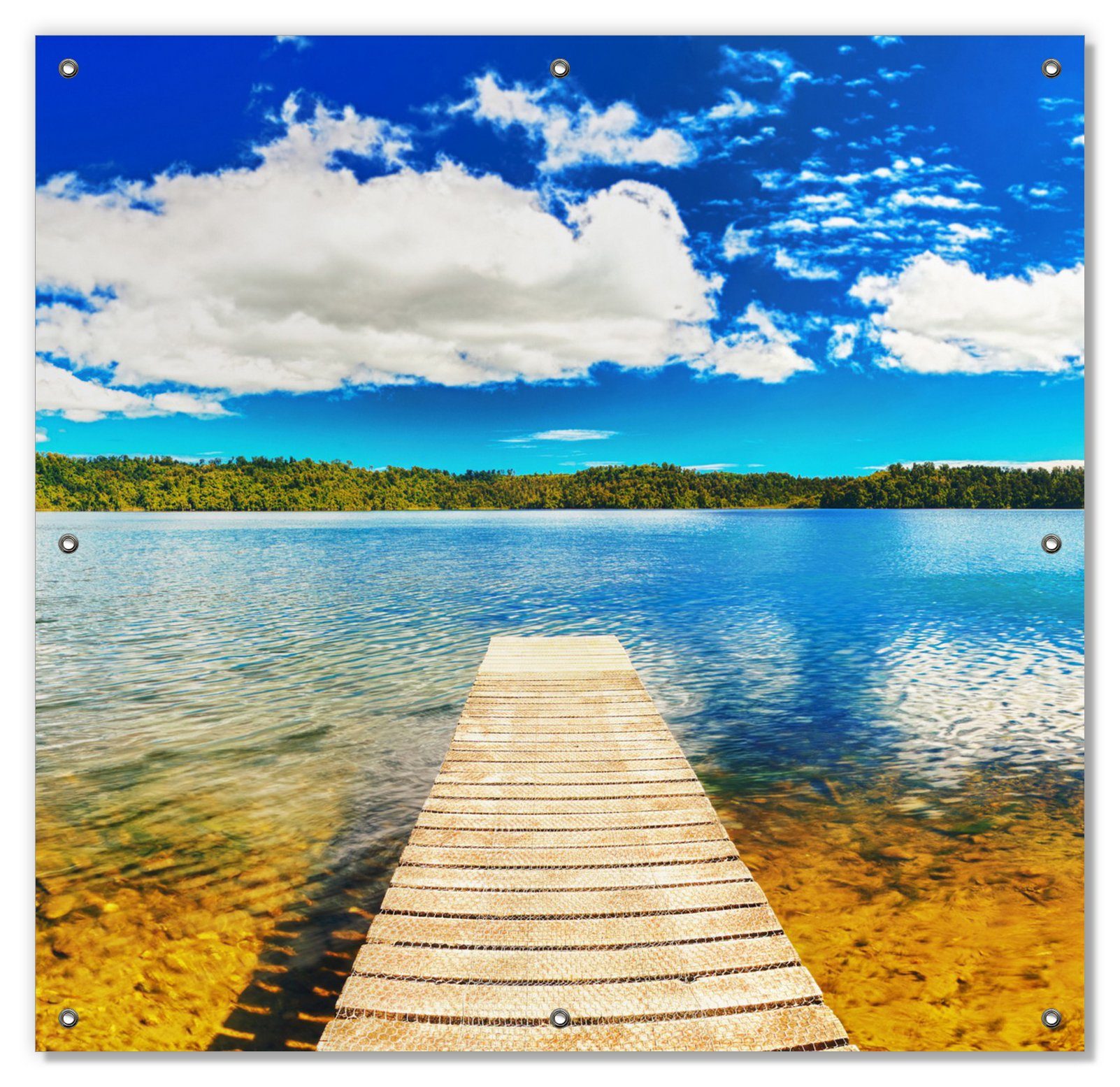 Sonnenschutz Klarer See mit Steg - Blauer Himmel, Wallario, blickdicht, mit Saugnäpfen, wiederablösbar und wiederverwendbar