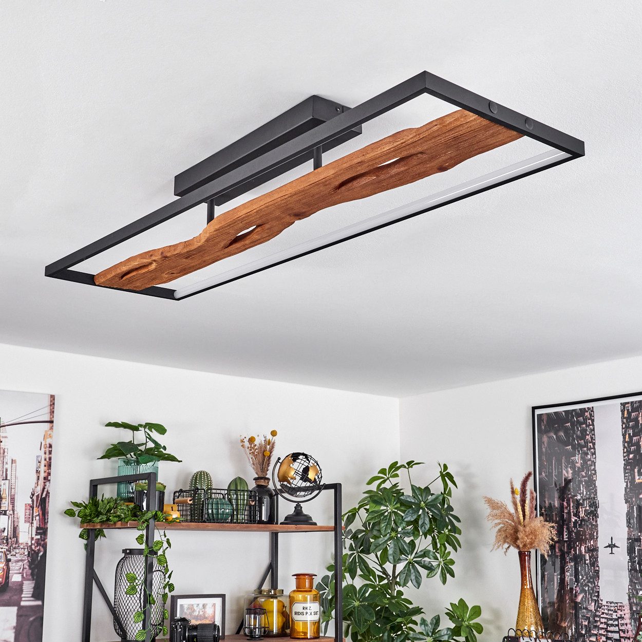 hofstein Deckenleuchte dimmbare Deckenlampe aus Metall/Holz/Kunststoff in Schwarz/Natur/Weiß, 3000 Kelvin, 6600 Lumen, LED 48 Watt, dimmbar über Lichtschalter – Bild 5 von 5