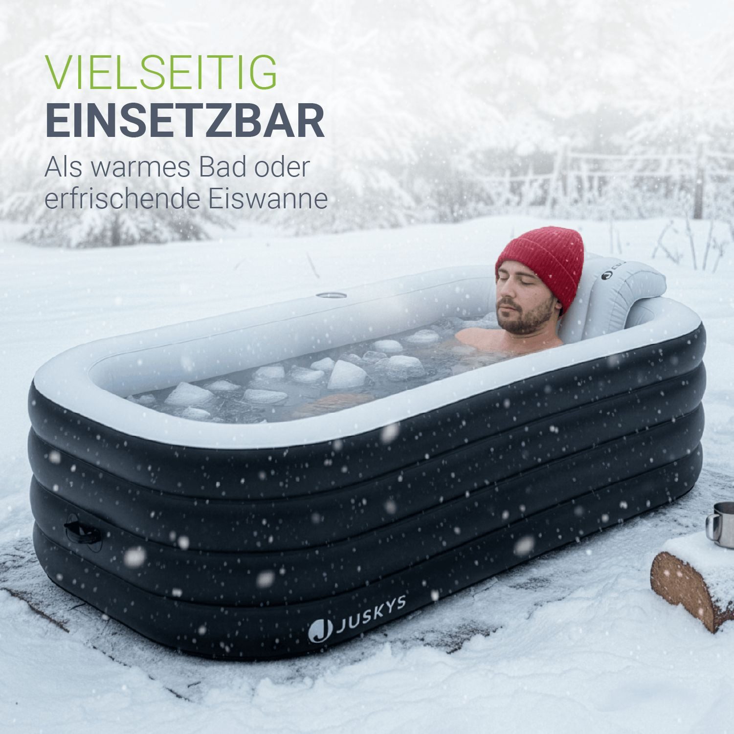 Juskys Badewanne, 300 L, aufblasbar, platzsparend, mit Rückenlehne, Pumpe und Abdeckung