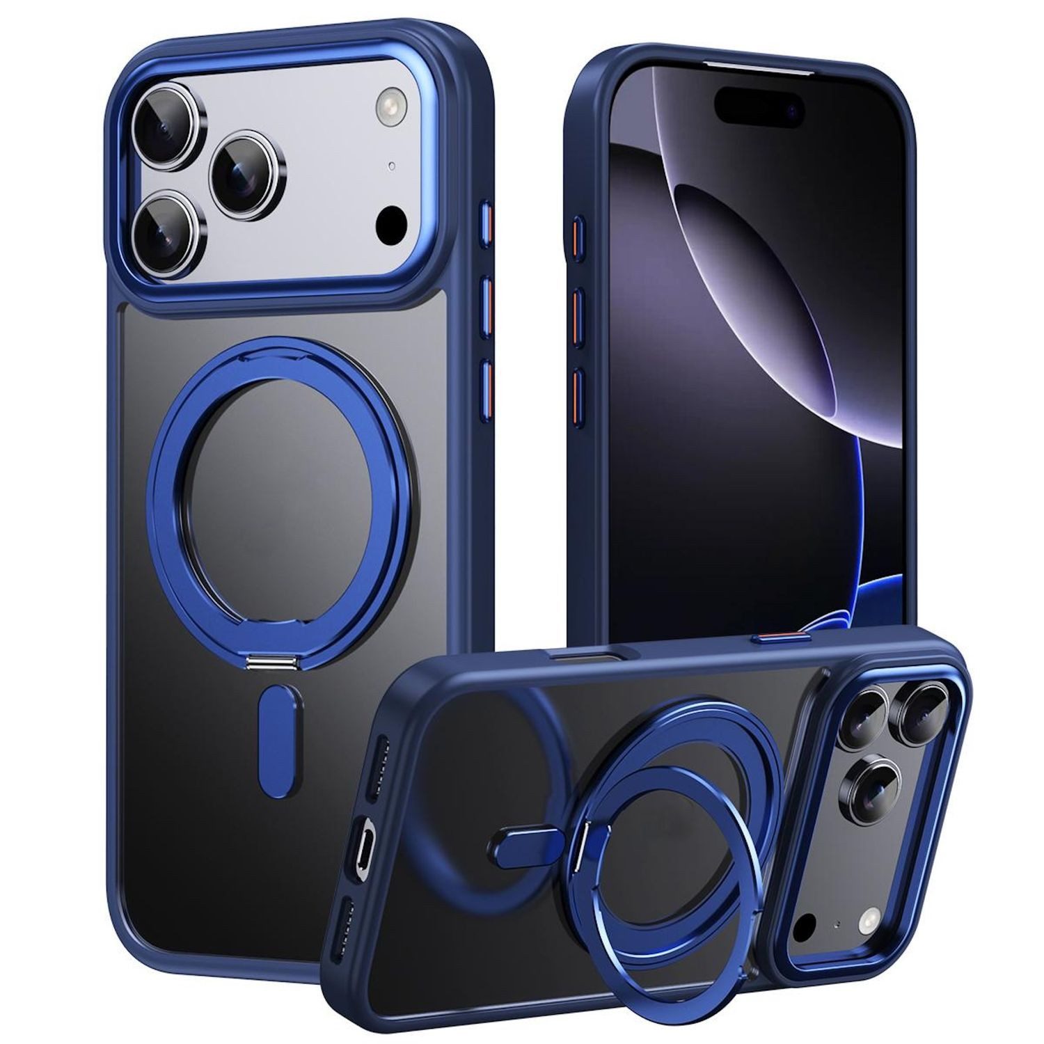 Wigento Handyhülle Für Apple iPhone 17 Pro Max Frosted Ring MagSafe TPU + PC Hülle Blau, Magnetische Hülle mit Ringhalter und 360 Grad Rotation