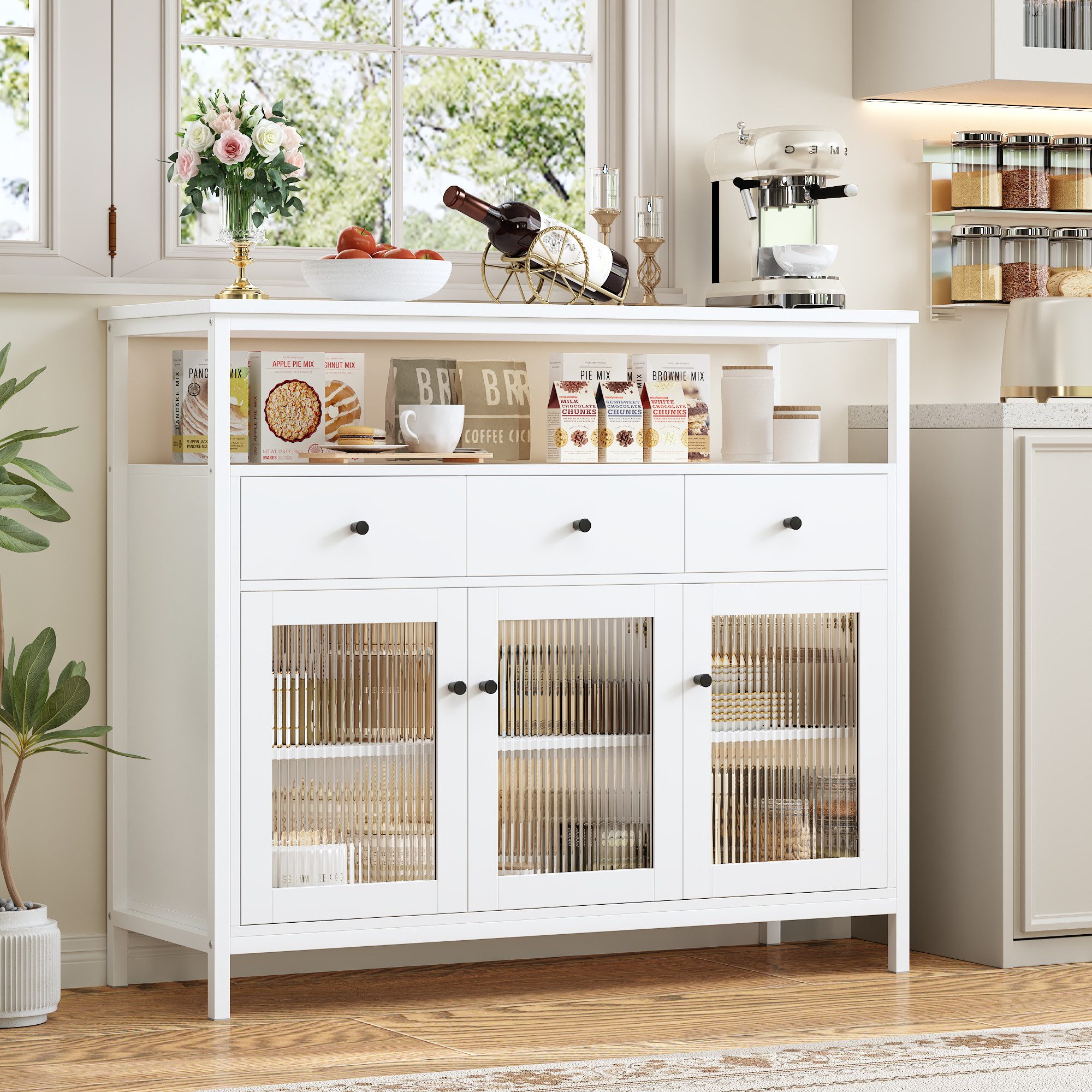Homfa Sideboard Küchenschrank mit Glastüren und Schubladen, für Küche Wohnz günstig online kaufen
