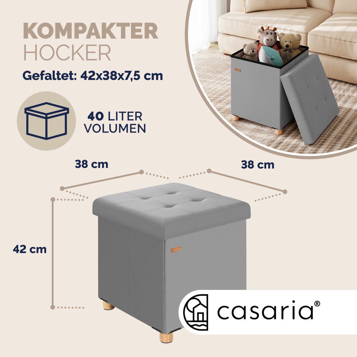 Casaria Sitzhocker, Samt Grau Faltbar inkl. Füßen 38x38cm 300kg Belastbarkeit Wohnzimmer