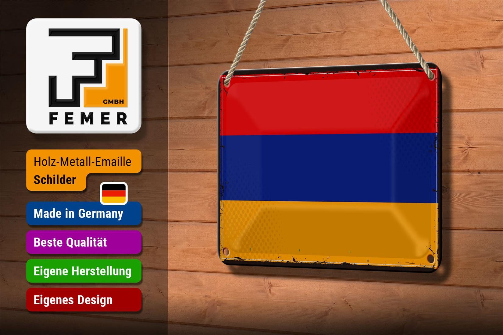 Femer GmbH Metallschild Flagge Armenien 18x12cm Retro Flag of Armenia, (1 St), gewölbte Oberfläche, abgerundete Ecken, umgeschlagene Kanten