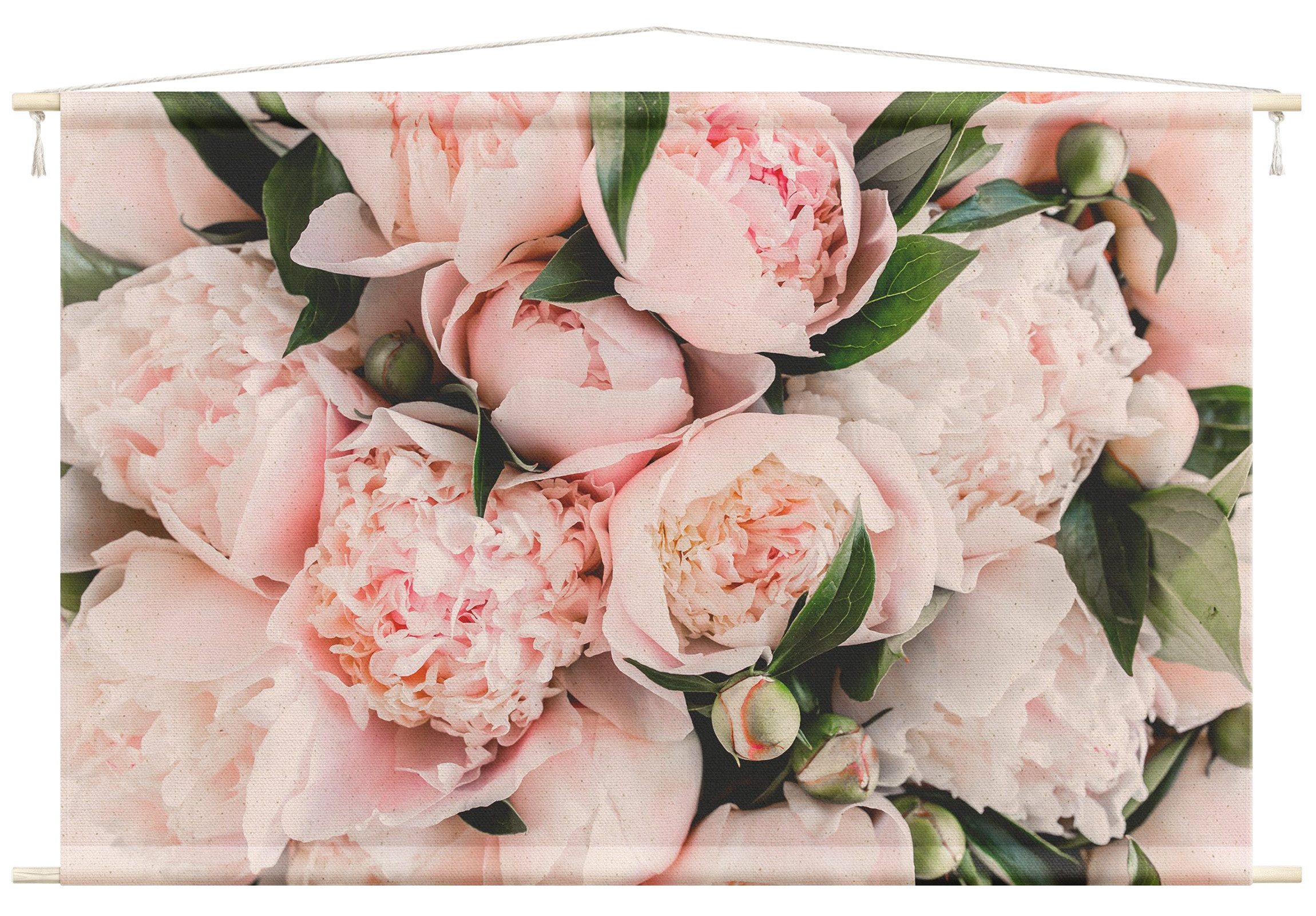 Bilderdepot24 Wandteppich modern Blumen Rosen Landhaus rosa, rechteckig, Höhe: 2.6 mm, großes Wandbild aus Natur-Baumwolle Wandbehang Stoffbild Tuch Wollseil
