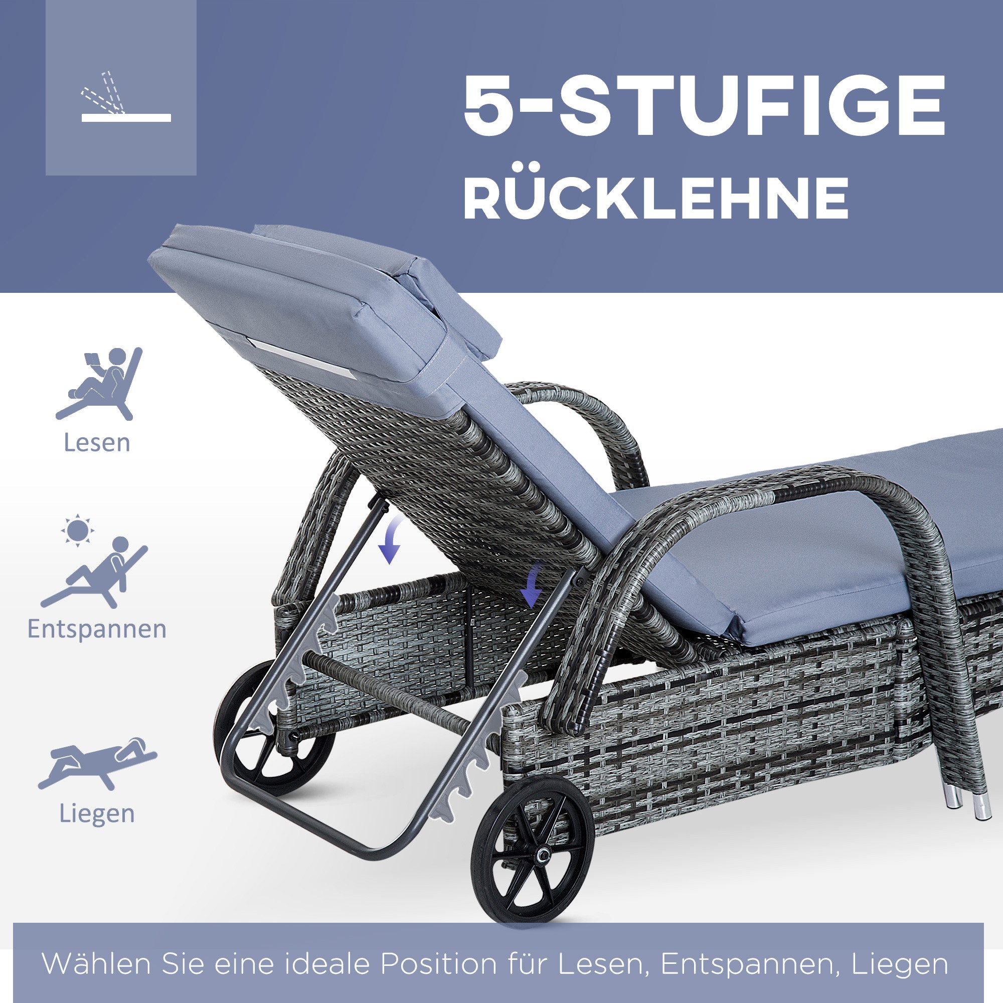 Outsunny Gartenlounge-Set Gartenliege mit Tisch 3er-Set Gartenmöbel Polyrattan+Metall, (Liege, 3-tlg., Sonnenliege), für Garten, Balkon, Grau – Bild 5 von 5