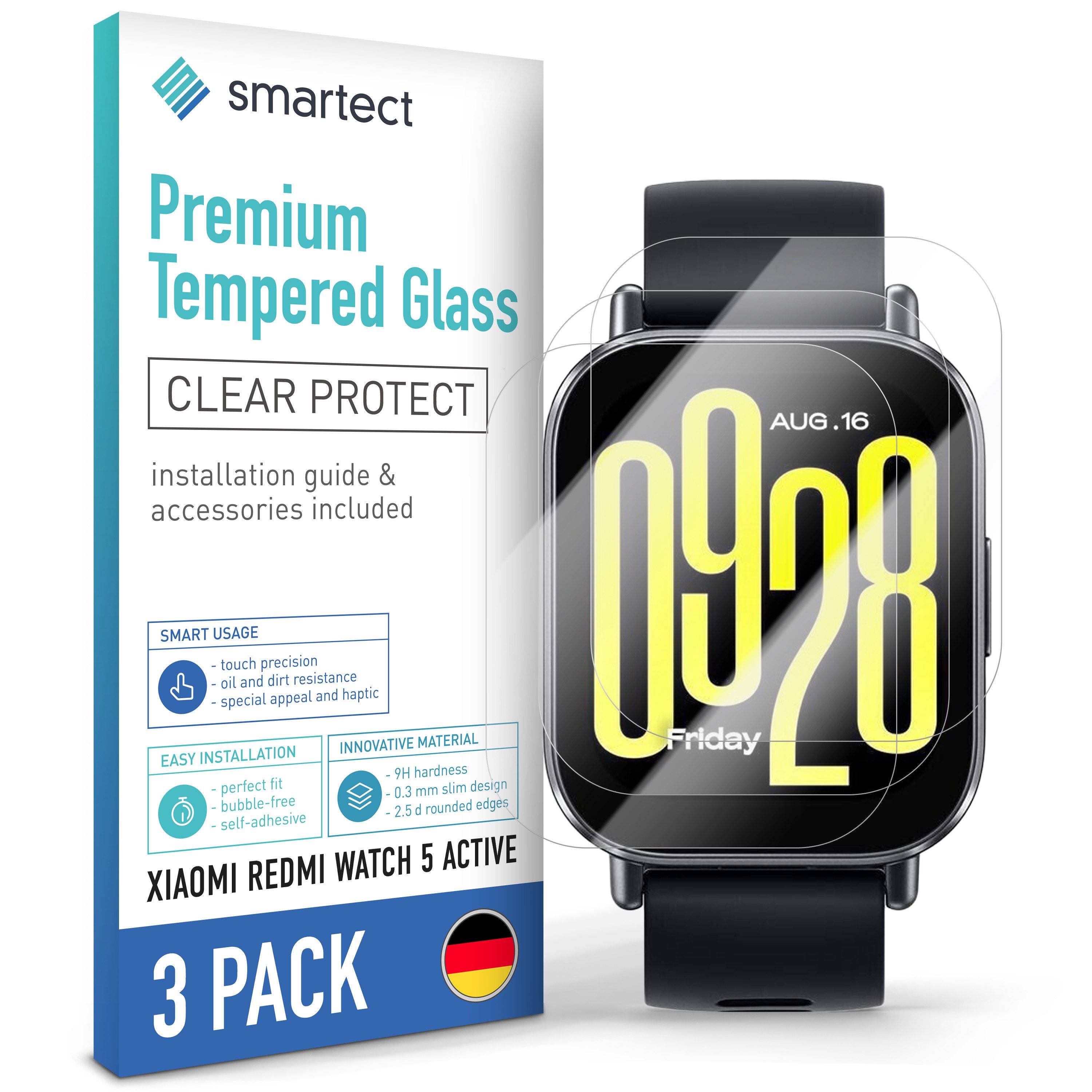 smartect Displayschutzglas 3X Schutzglas Panzerfolie Klar für Xiaomi Redmi Watch 5 Active für Xiaomi Redmi Watch 5 Active, Set, 3 Stück, 0.3 mm Ultra-klar, 9H Härte, Kratzfest, Stoßfest, Blasenfrei, Oleophob
