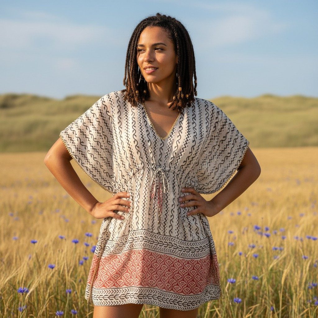 Guru-Shop Longbluse Leichter Kaftan mit Perlenbordüre, Boho XL.. alternative Bekleidung